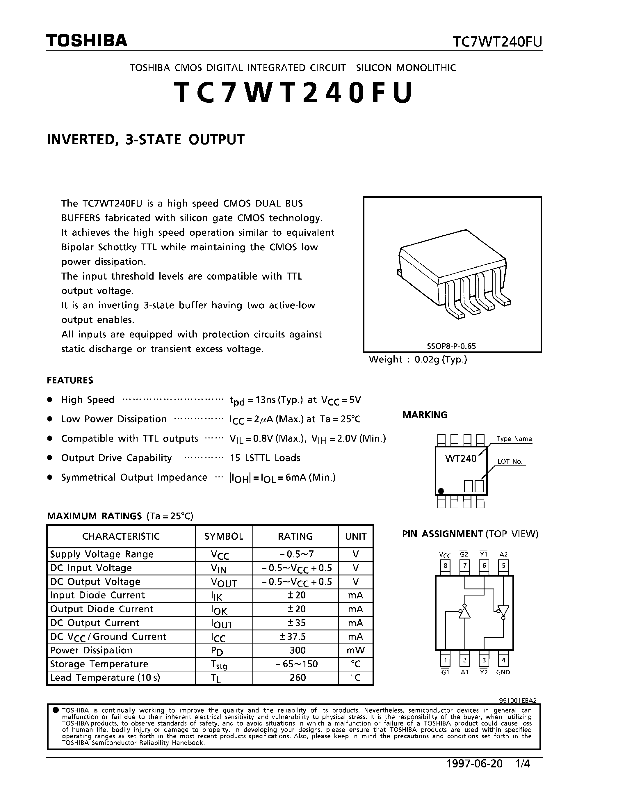 Datasheet TC7WT240FU - INVERTED/ 3-STATE OUTPUT page 1