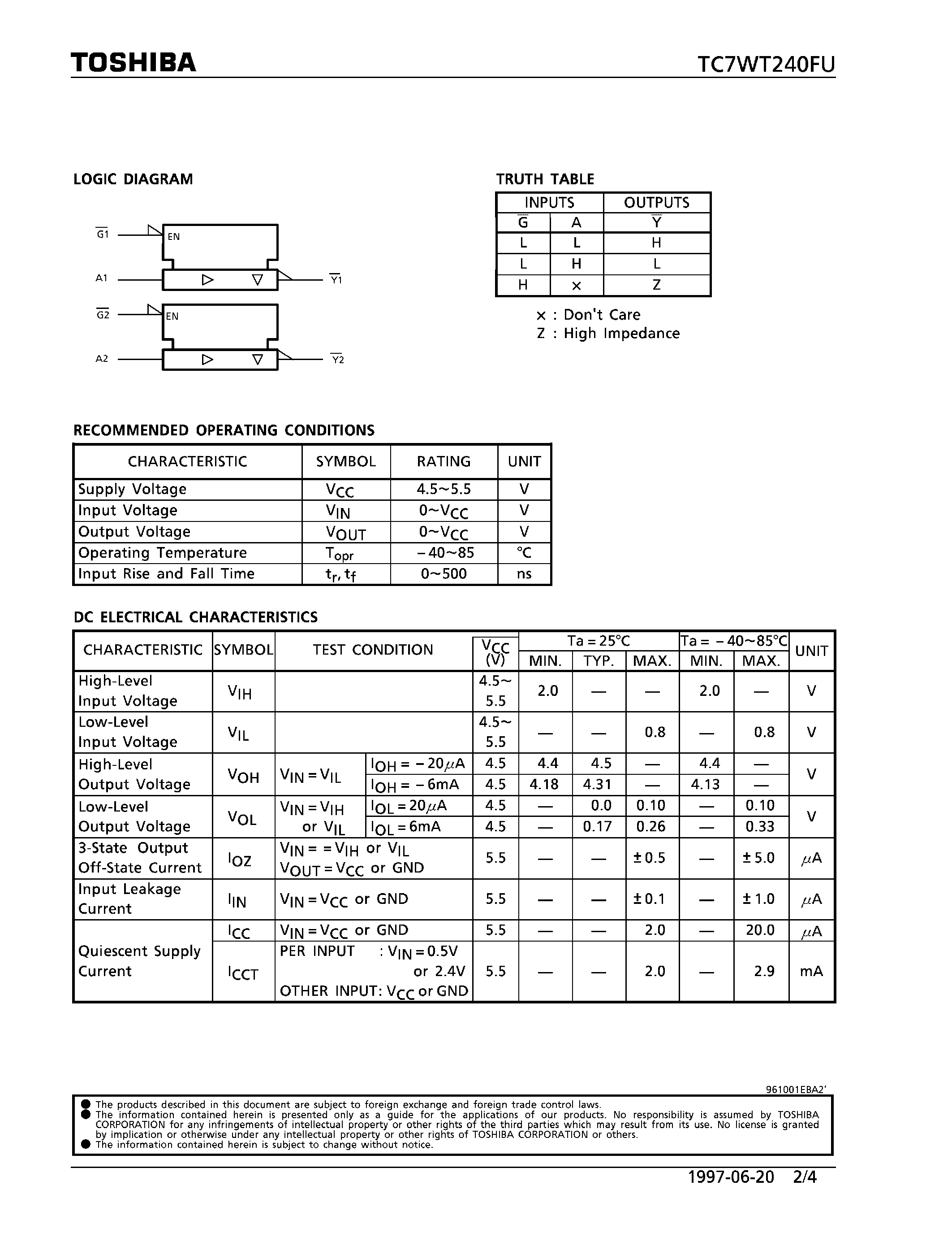 Datasheet TC7WT240FU - INVERTED/ 3-STATE OUTPUT page 2