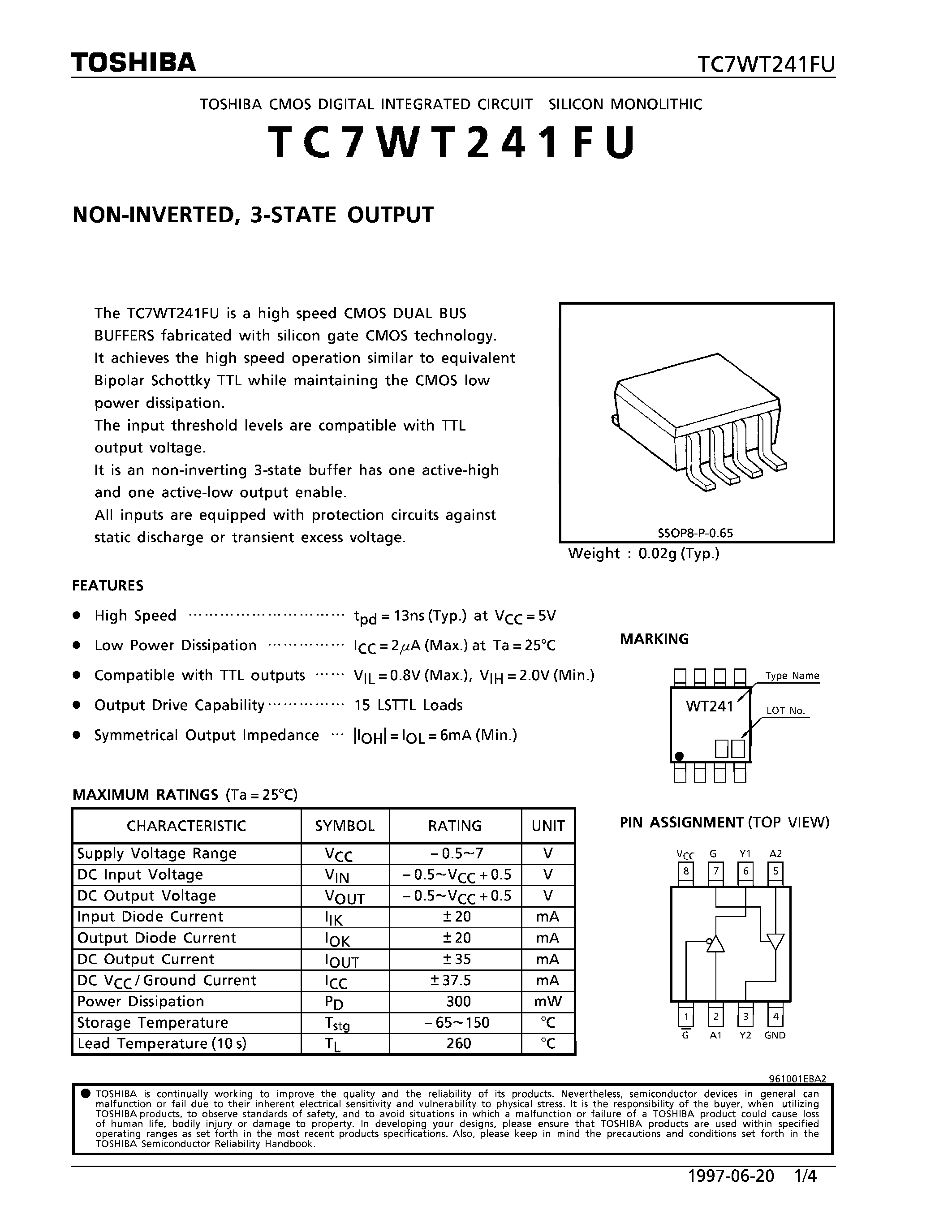 Datasheet TC7WT241FU page 1 Datasheet TC7WT241FU - NON-INVERTED/ 3-STATE OUTPUT page 1