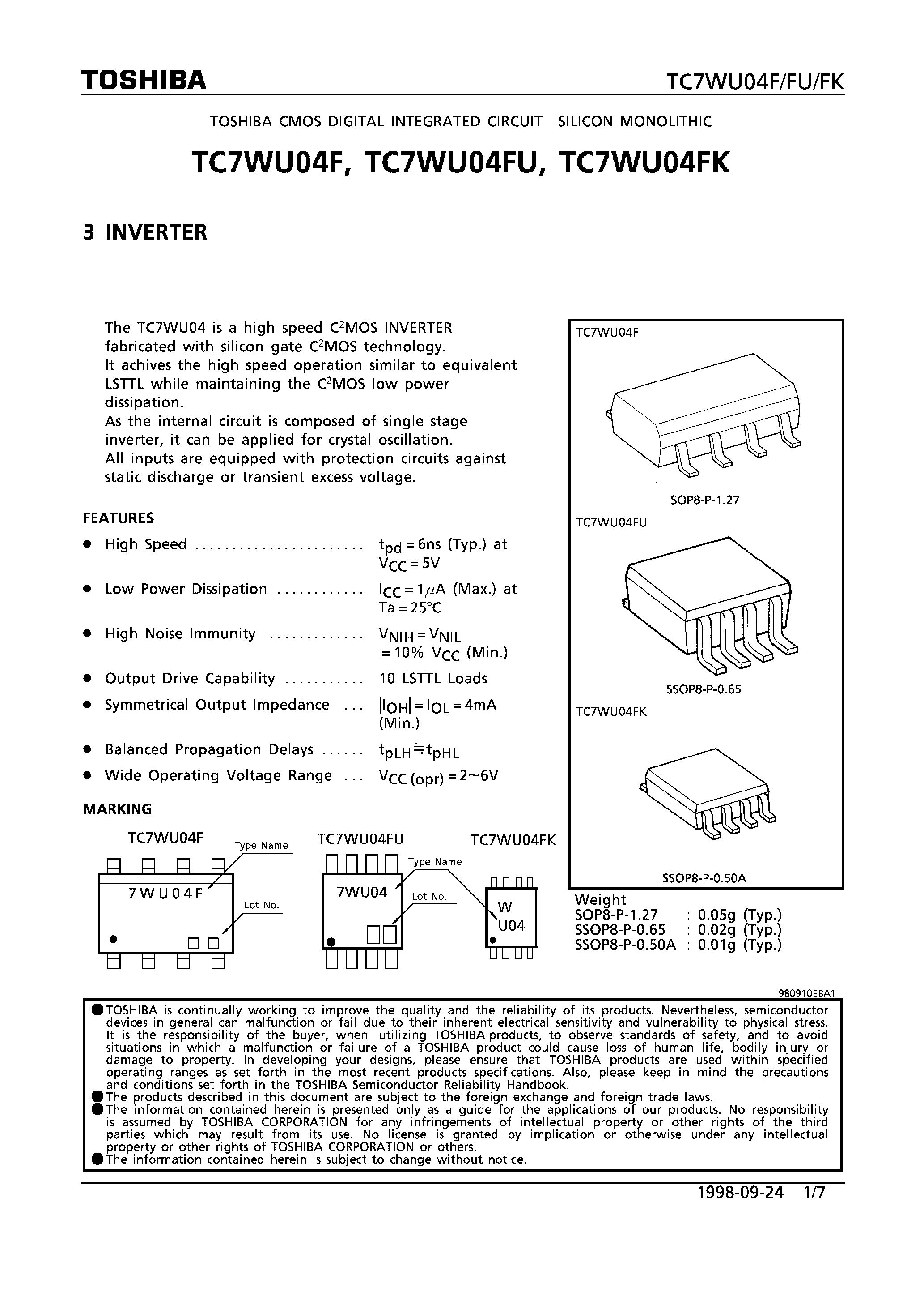 Datasheet TC7WU04F - 3 INVERTER page 1