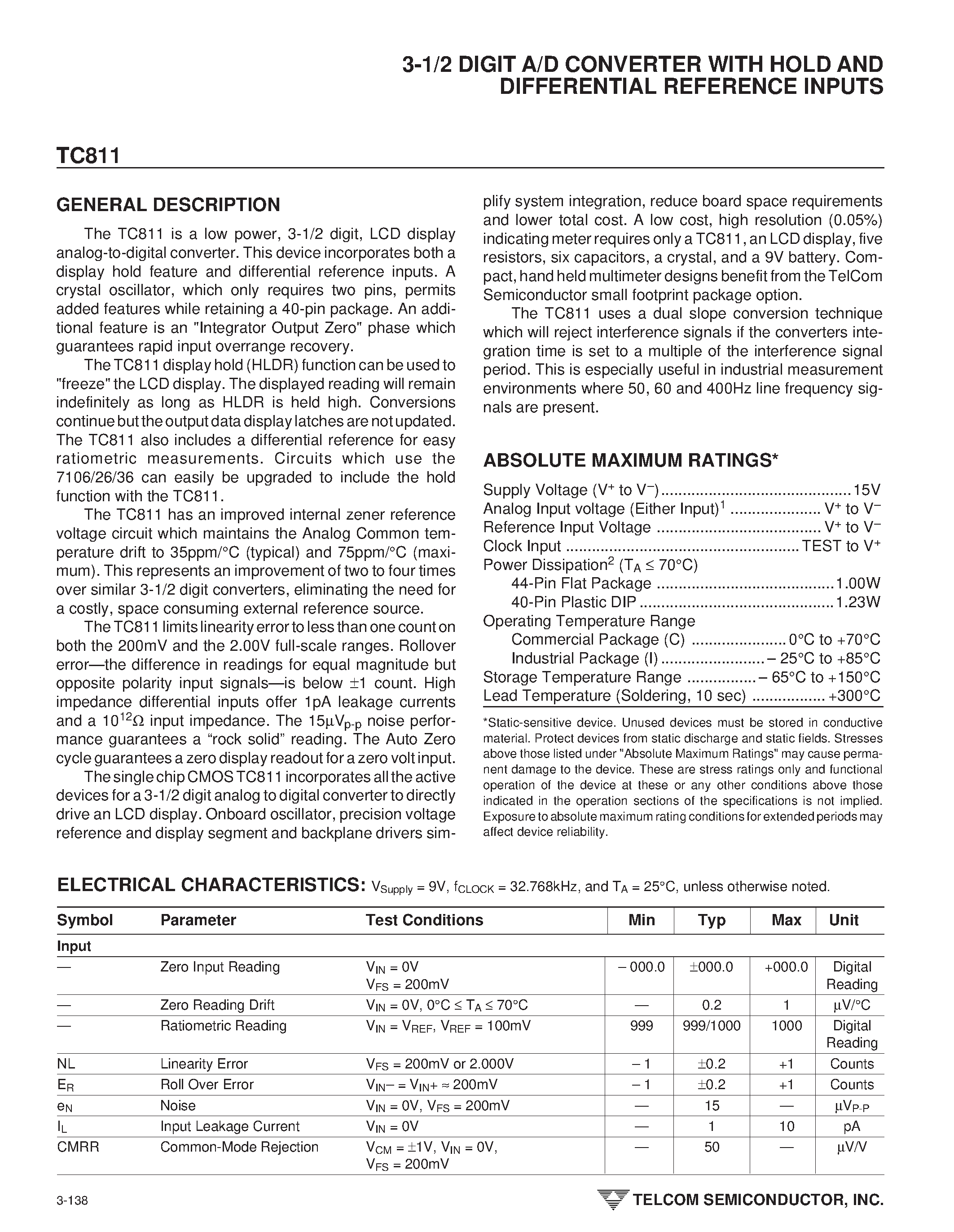 Даташит на микросхему TC811 страница 2 Даташит TC811 - 3-1/2 DIGIT A/D CONVERTER WITH HOLD AND DIFFERENTIAL REFERENCE INPUTS страница 2