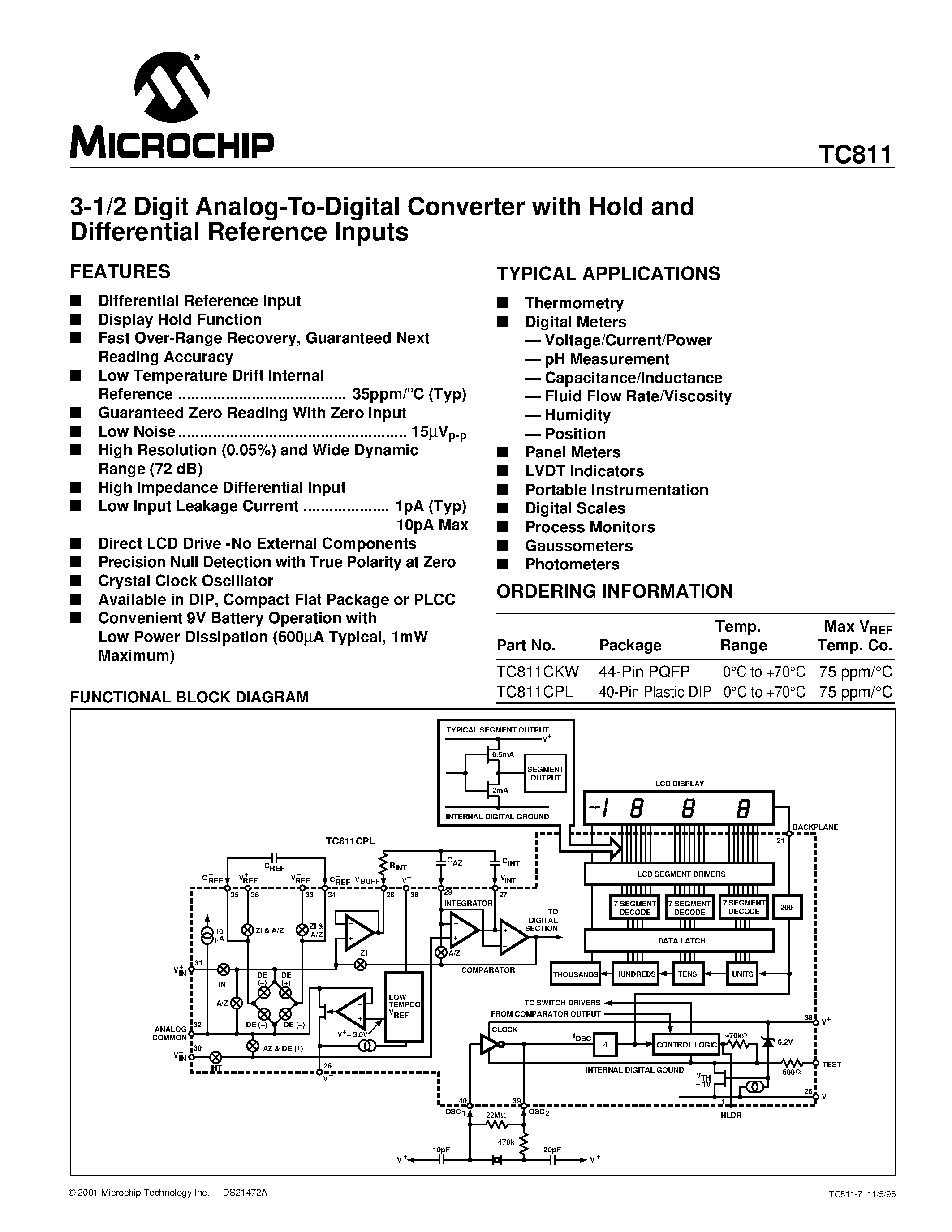 Datasheet TC811 - 3-1/2 Digit Analog-To-Digital Converter with Hold and Differential Reference Inputs page 1