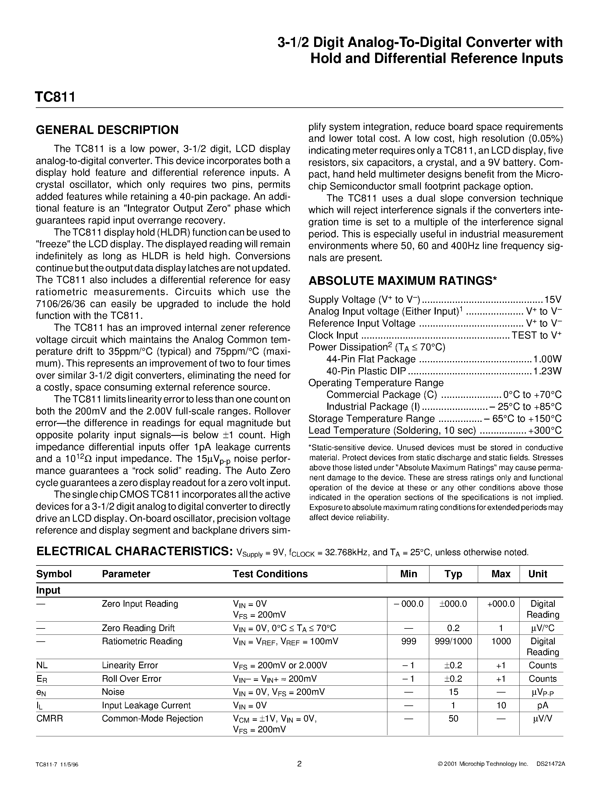 Datasheet TC811 - 3-1/2 Digit Analog-To-Digital Converter with Hold and Differential Reference Inputs page 2