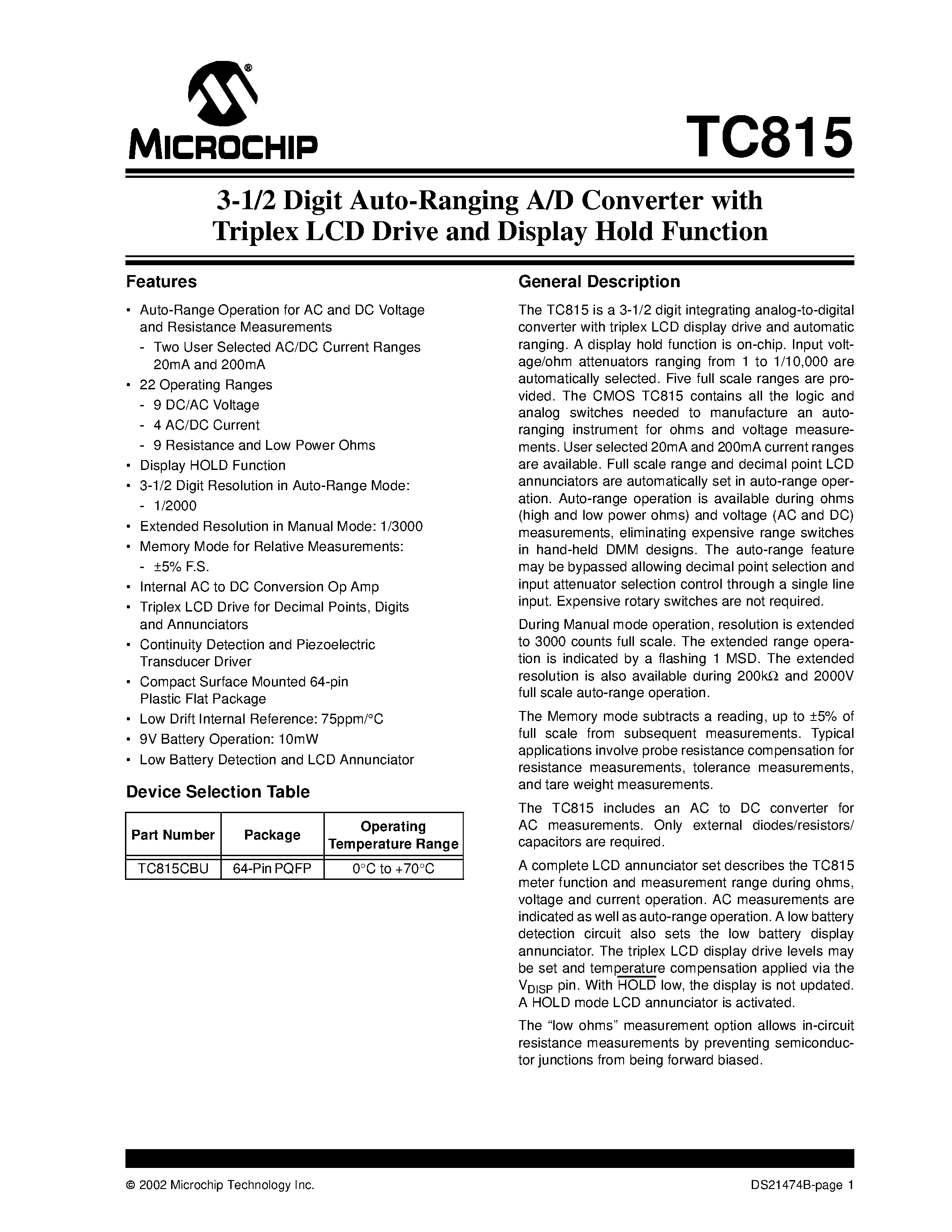 Datasheet TC815CBU - 3-1/2 Digit Auto-Ranging A/D Converter with Triplex LCD Drive and Display Hold Function page 1
