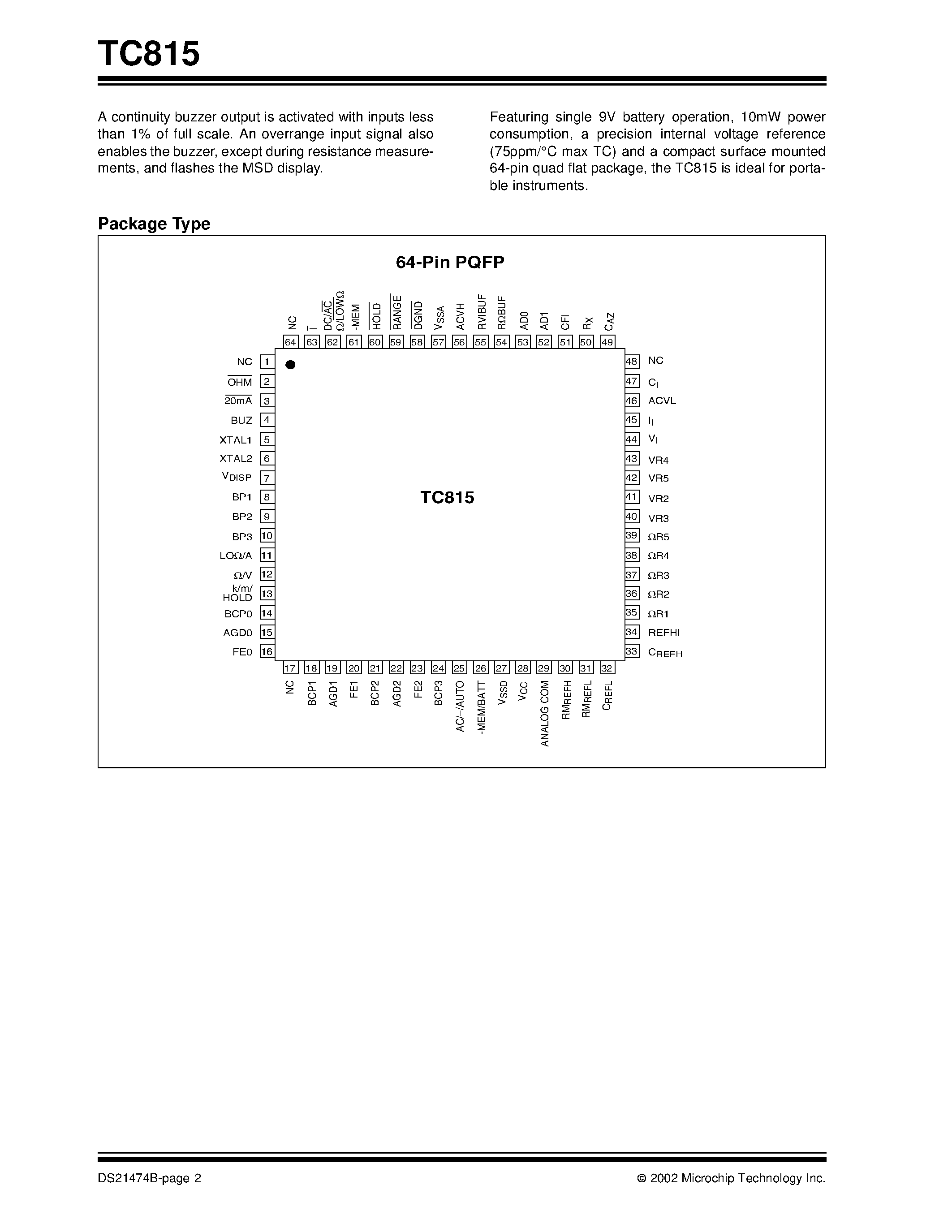 Datasheet TC815CBU - 3-1/2 Digit Auto-Ranging A/D Converter with Triplex LCD Drive and Display Hold Function page 2