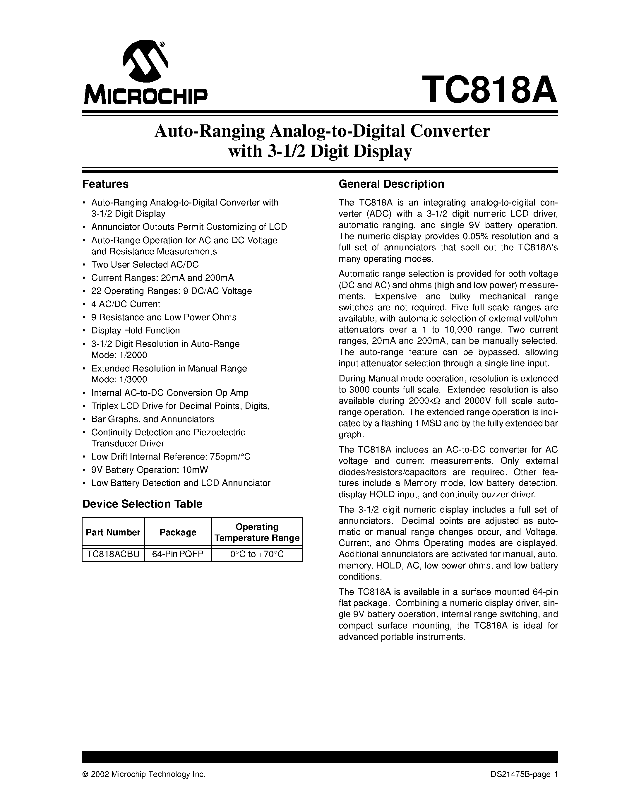 Datasheet TC818 - Auto-Ranging Analog-to-Digital Converter with 3-1/2 Digit Display page 1