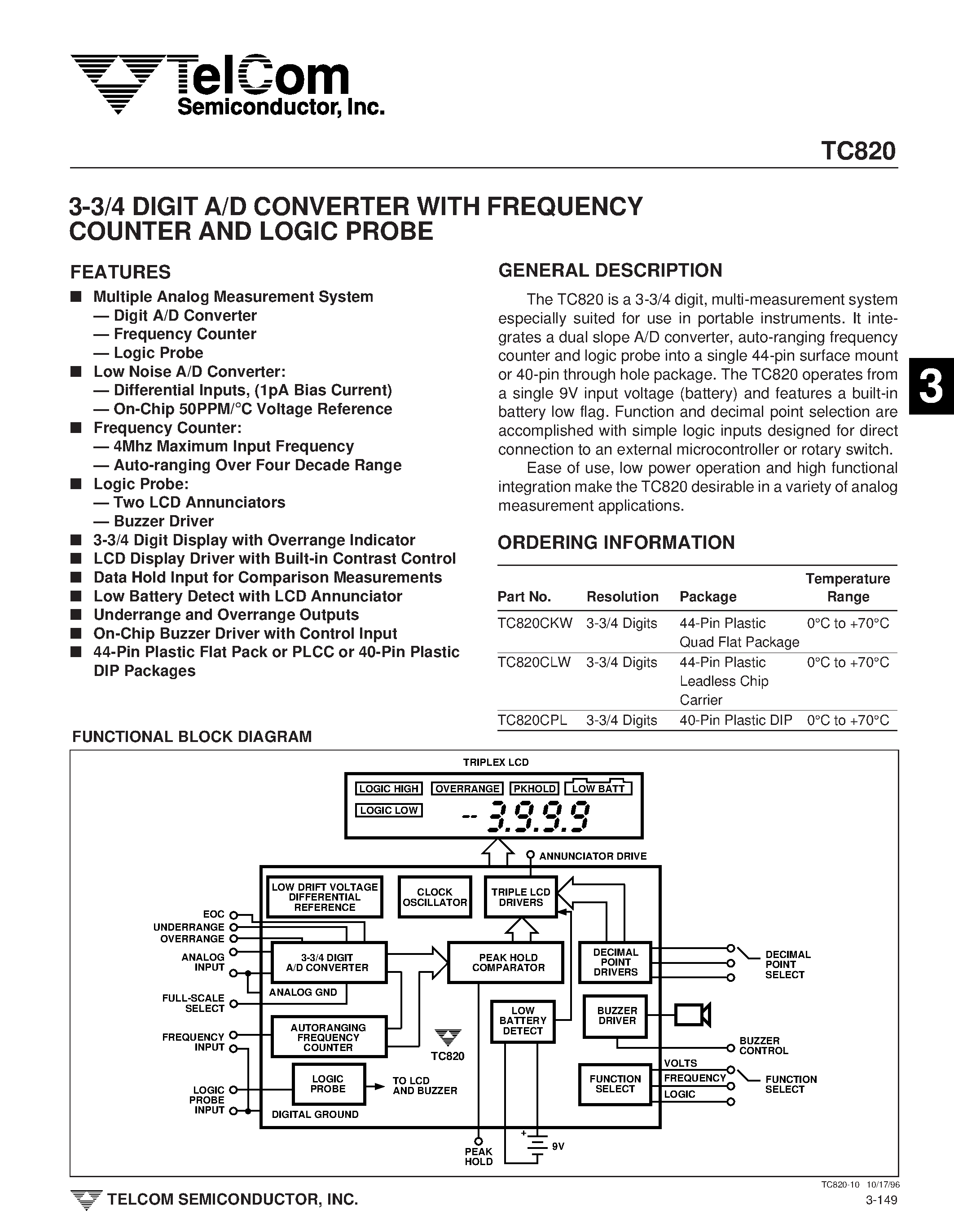 Datasheet TC820CKW page 1 Datasheet TC820CKW - 3-3/4 DIGIT A/D CONVERTER WITH FREQUENCY COUNTER AND LOGIC PROBE page 1
