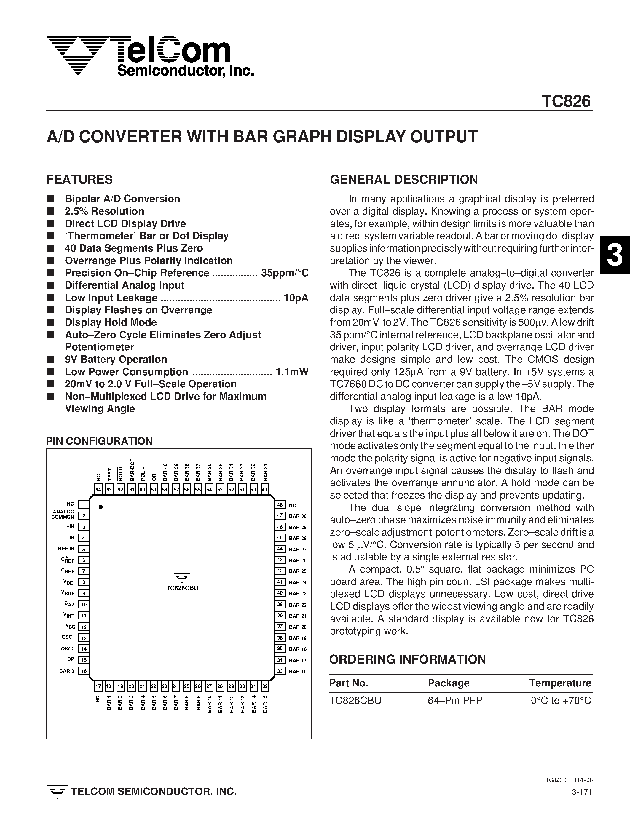 Datasheet TC826 - A/D CONVERTER WITH BAR GRAPH DISPLAY OUTPUT page 1