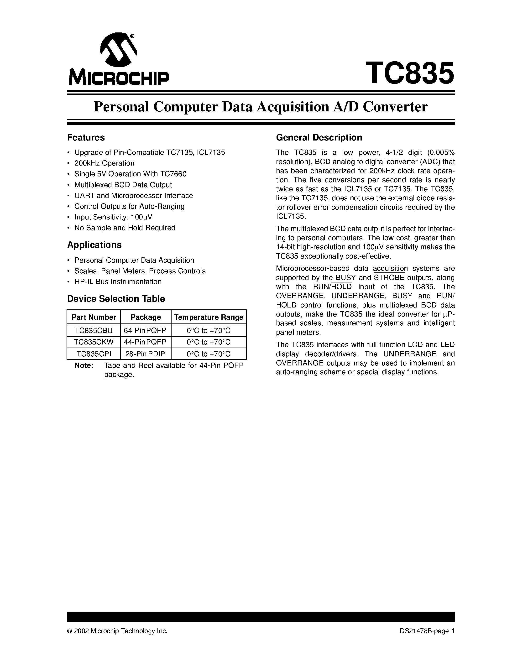 Datasheet TC835 page 1 Datasheet TC835 - Personal Computer Data Acquisition A/D Converter page 1