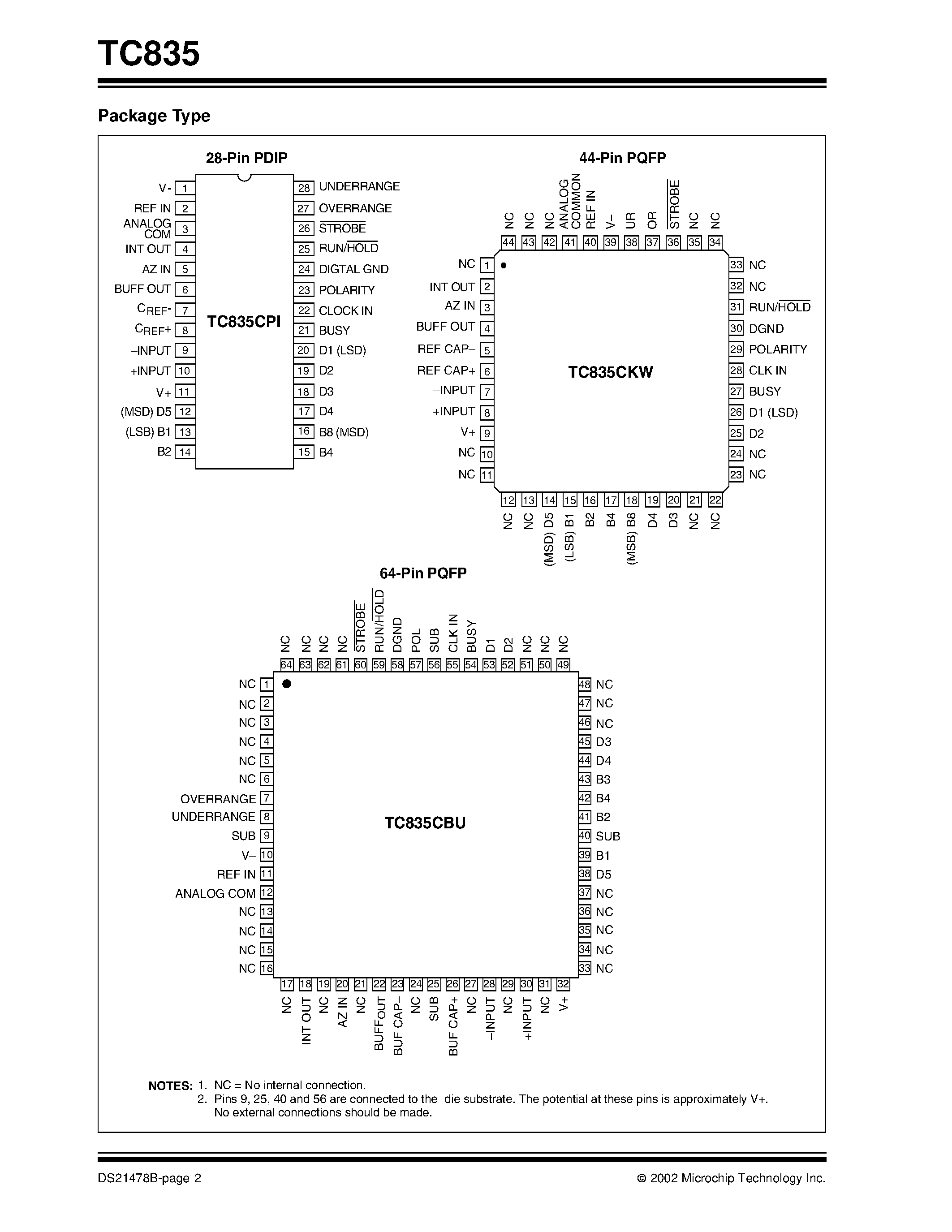 Datasheet TC835CPI page 2 Datasheet TC835CPI - Personal Computer Data Acquisition A/D Converter page 2