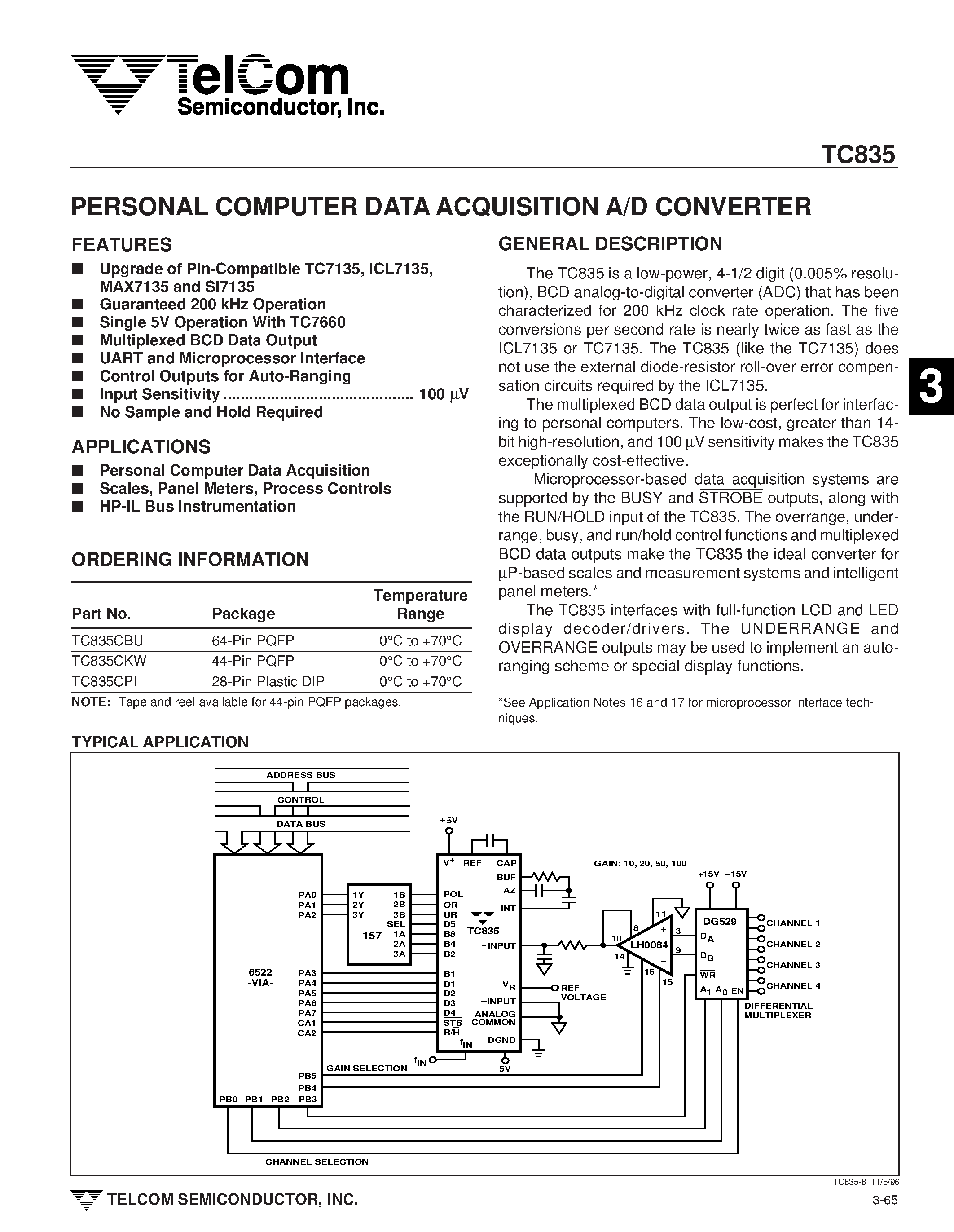 Даташит на микросхему TC835CPI страница 1 Даташит TC835CPI - PERSONAL COMPUTER DATA ACQUISITION A/D CONVERTER страница 1