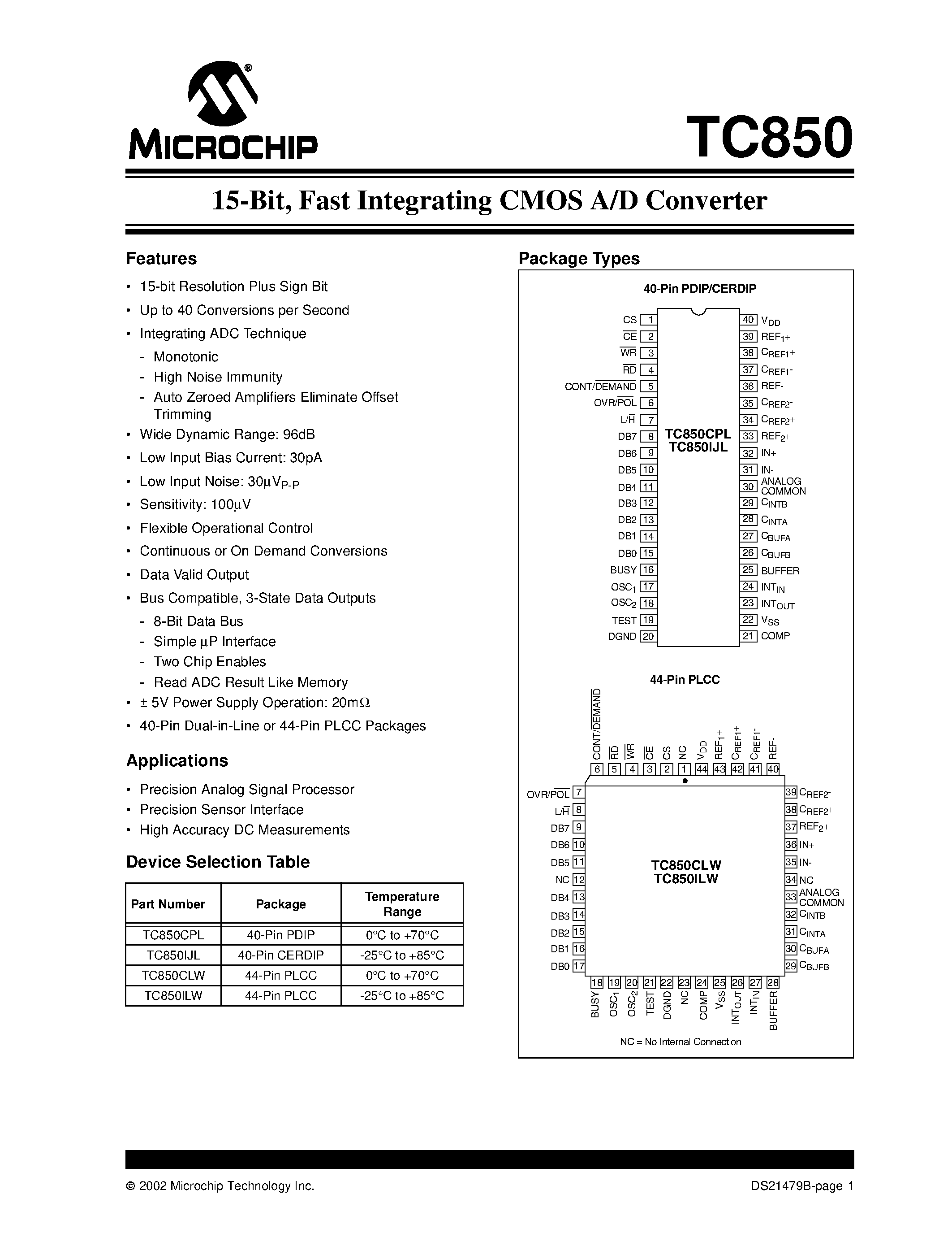 Datasheet TC850CPL - 15-Bit/ Fast Integrating CMOS A/D Converter page 1