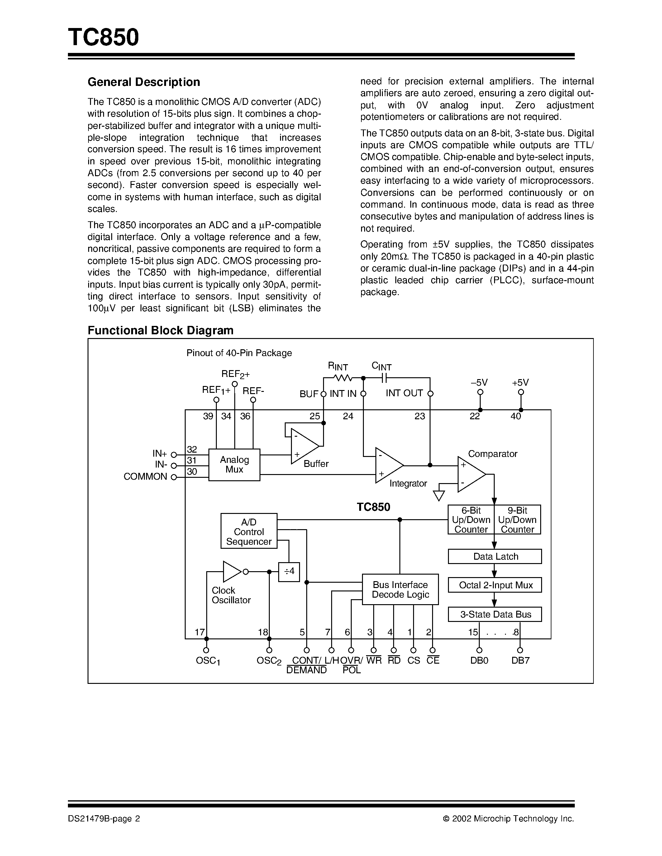 Datasheet TC850CPL - 15-Bit/ Fast Integrating CMOS A/D Converter page 2