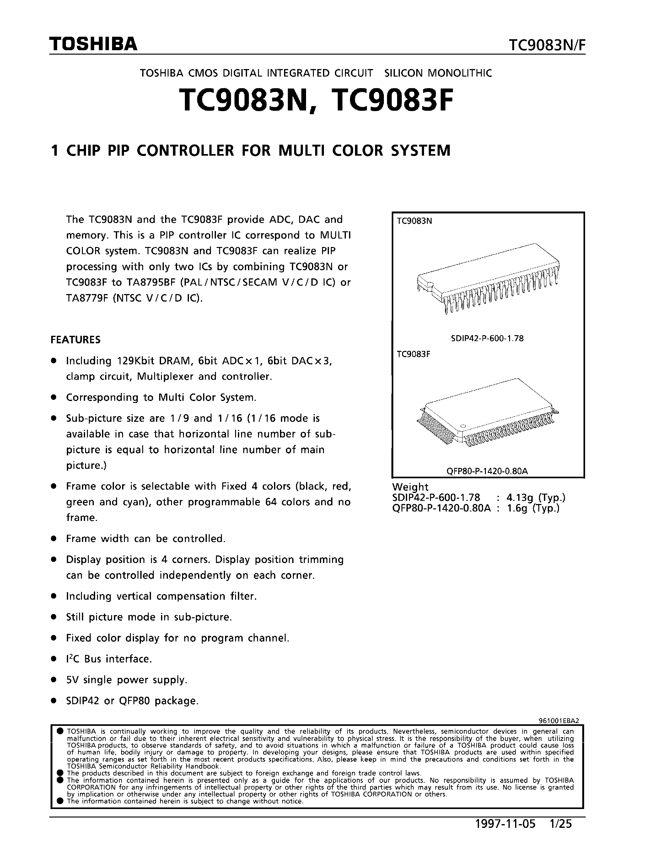 Datasheet TC9083F - 1 CHIP PIP CONTROLLER FOR MULTI COLOR SYSTEM page 1