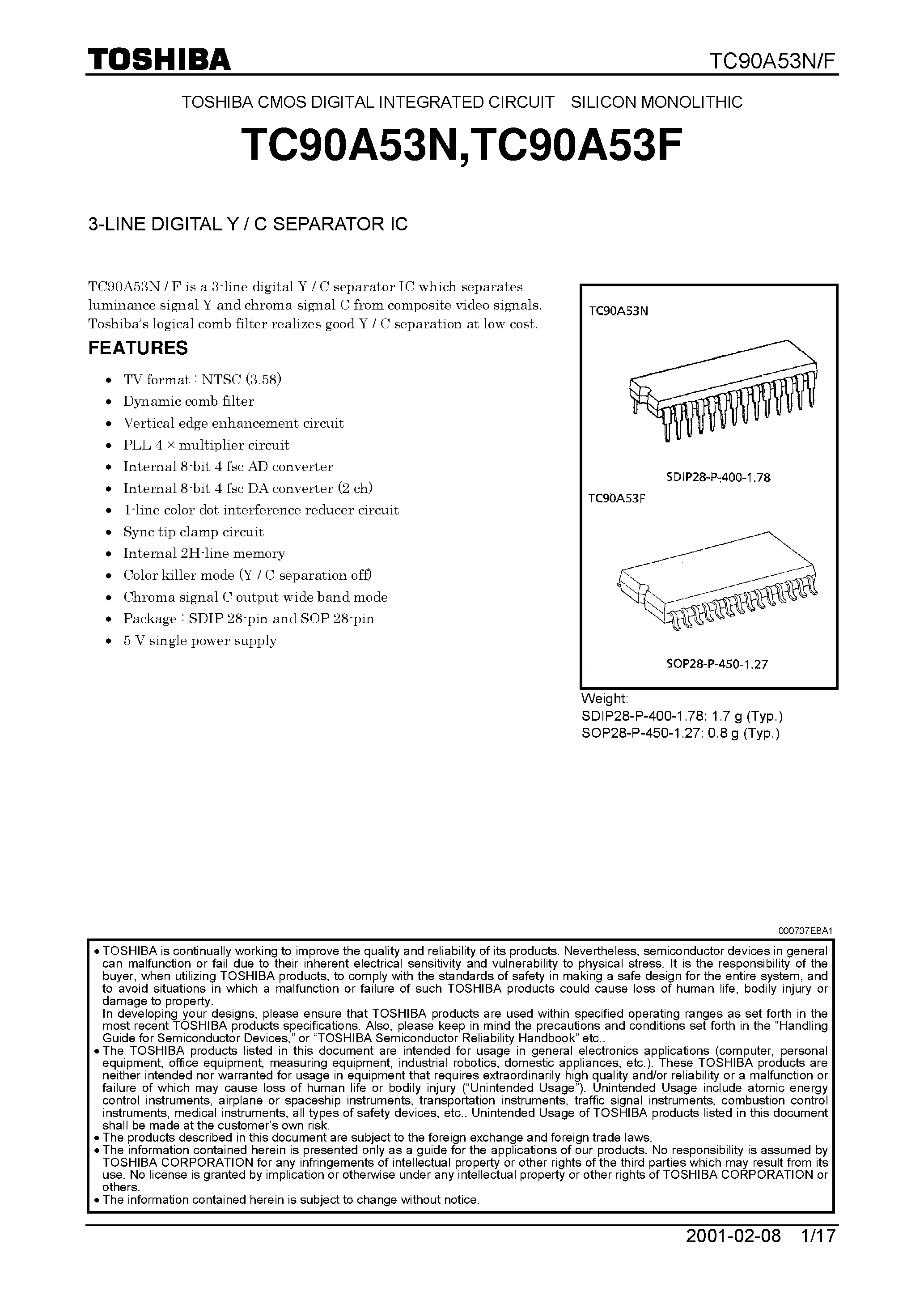 Даташит TC90A53N - 3-LINE DIGITAL Y / C SEPARATOR IC страница 1