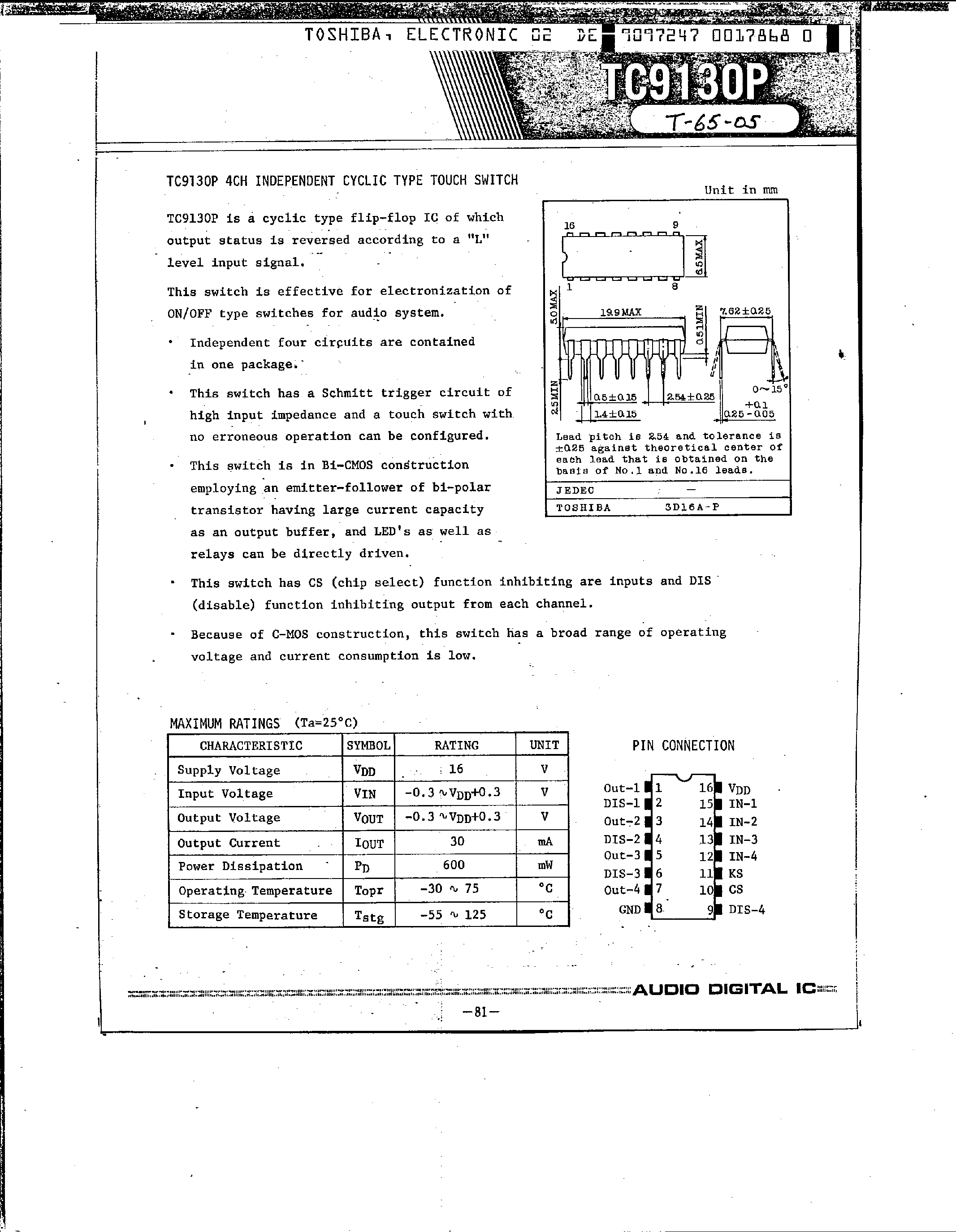 Datasheet TC9130P page 1 Datasheet TC9130P - TC9130P 4CH INDEPENDENT CYCLIC TYPE TOUCH SWITCH page 1