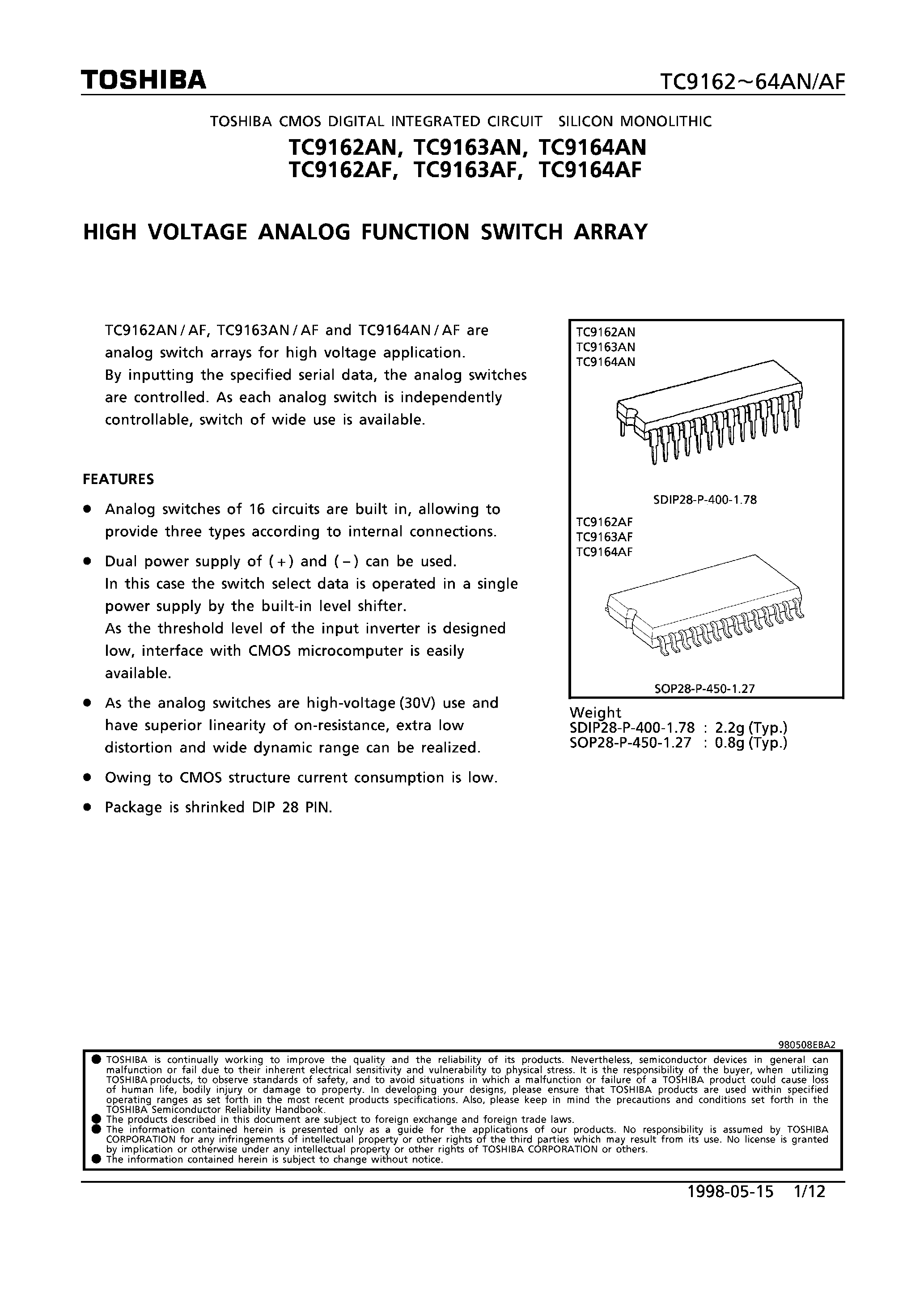 Datasheet TC9164 page 1 Datasheet TC9164 - HIGH VOLTAGE ANALOG FUNCTION SWITCH ARRAY page 1
