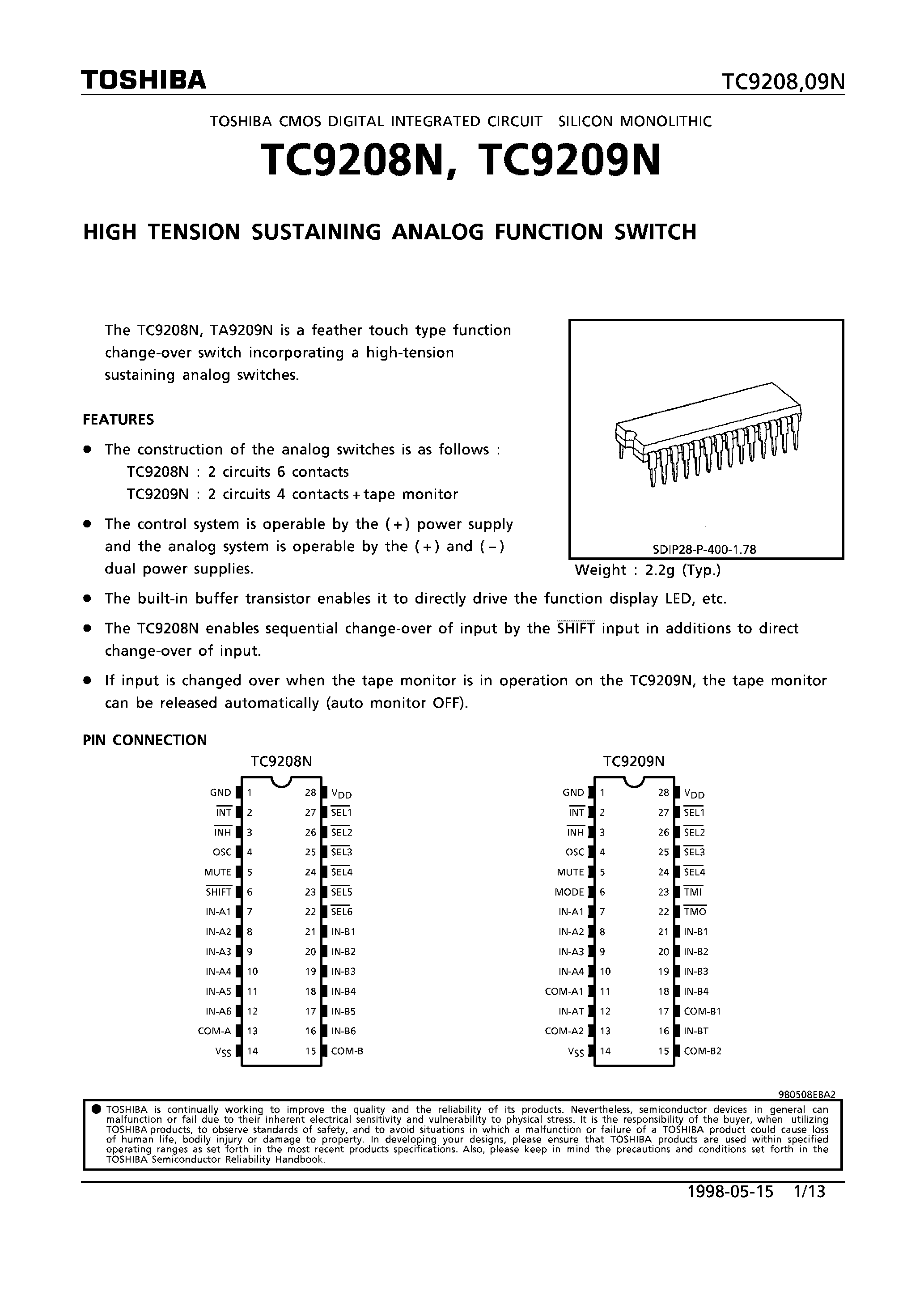 Datasheet TC9209N page 1 Datasheet TC9209N - HIGH TENSION SUSTAINING ANALOG FUNCTION SWITCH page 1