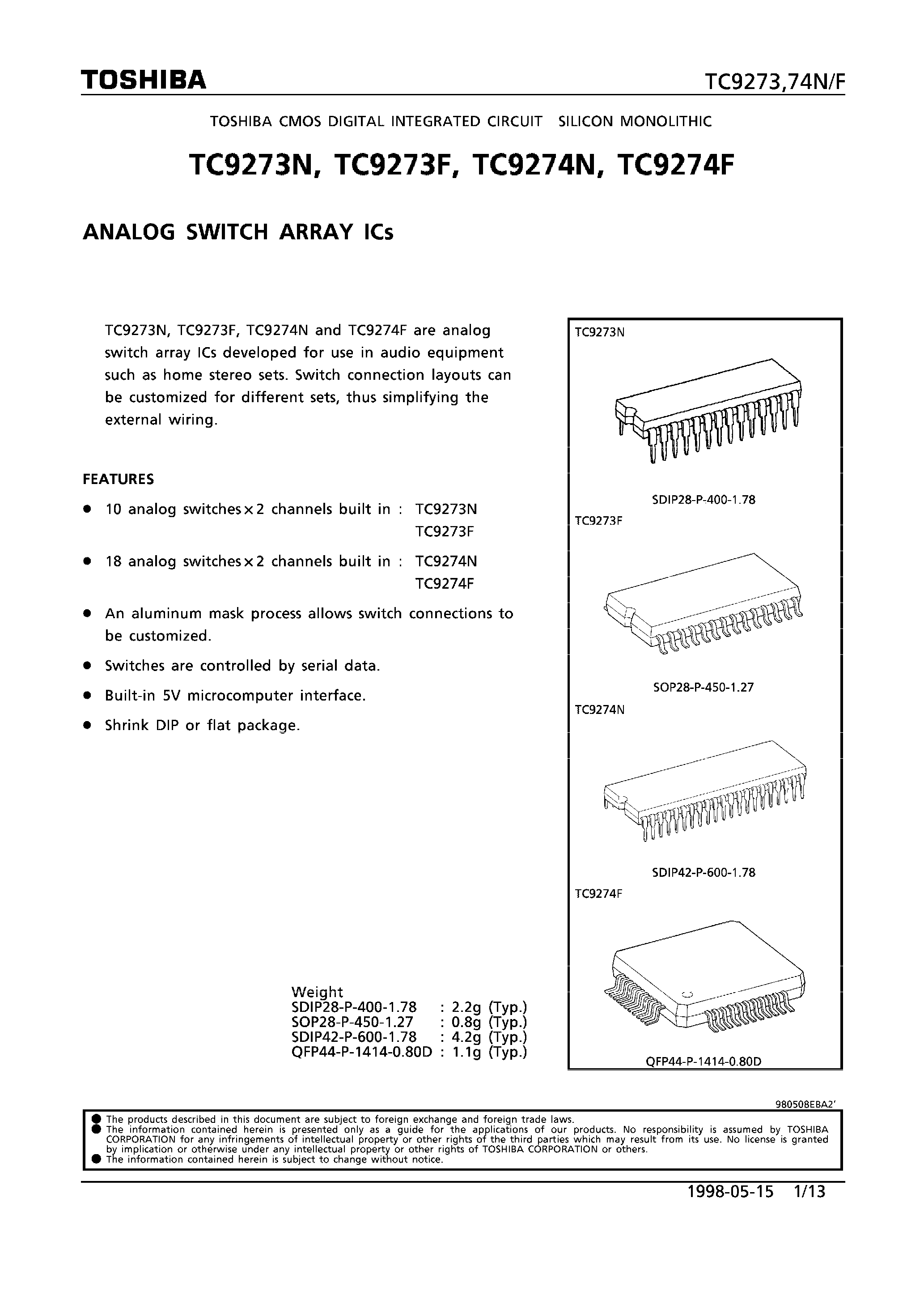 Datasheet TC9274N page 1 Datasheet TC9274N - ANALOG SWITCH ARRAY ICs page 1