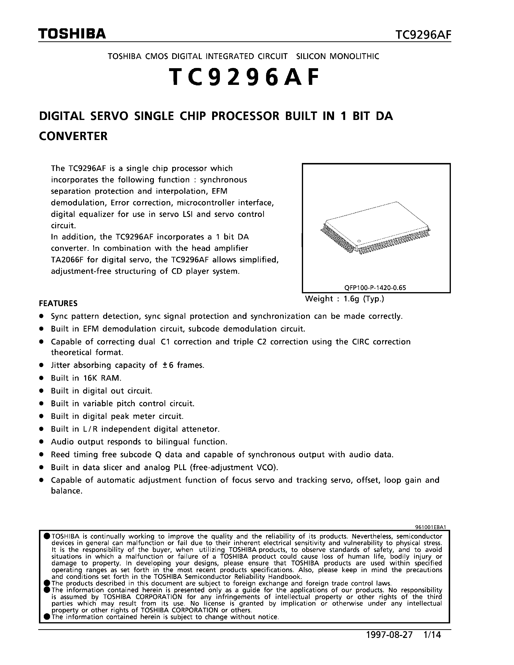 Datasheet TC9296AF - DIGITAL SERVO SINGLE CHIP PROCESSOR BUILT IN 1 BIT DA CONVERTER page 1