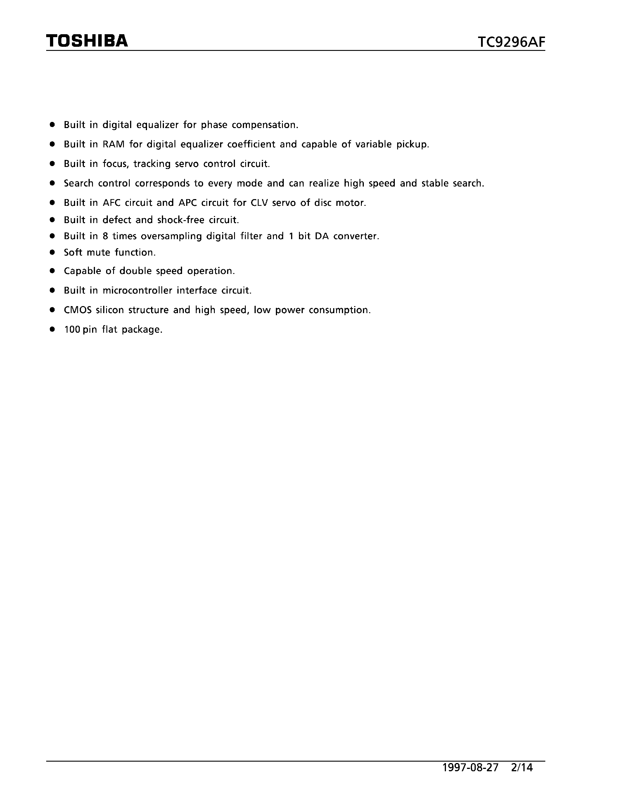 Datasheet TC9296AF - DIGITAL SERVO SINGLE CHIP PROCESSOR BUILT IN 1 BIT DA CONVERTER page 2