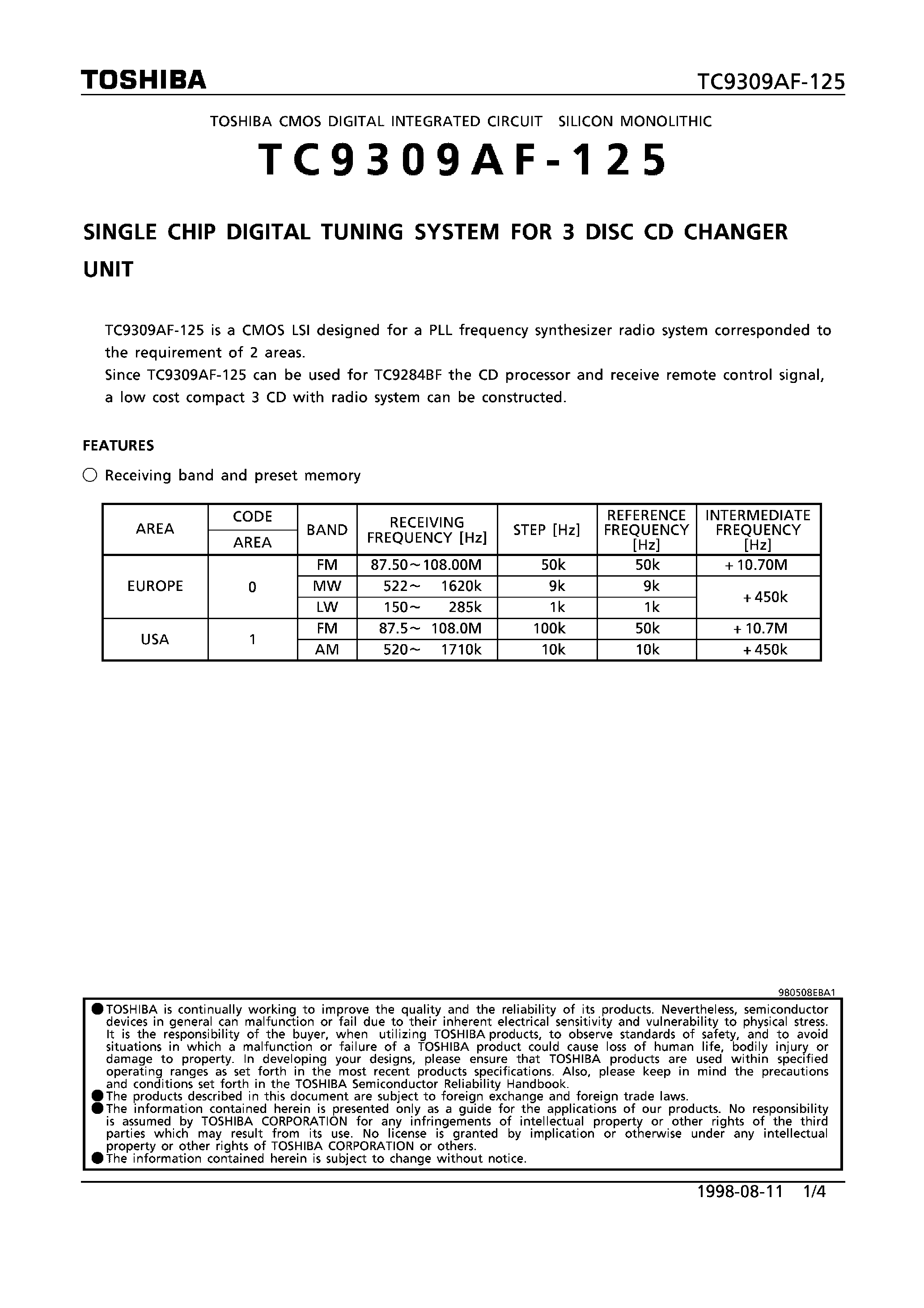 Datasheet TC9309AF-125 - SINGLE CHIP DIGITAL TUNING SYSTEM FOR 3 DISC CD CHANGER UNIT page 1
