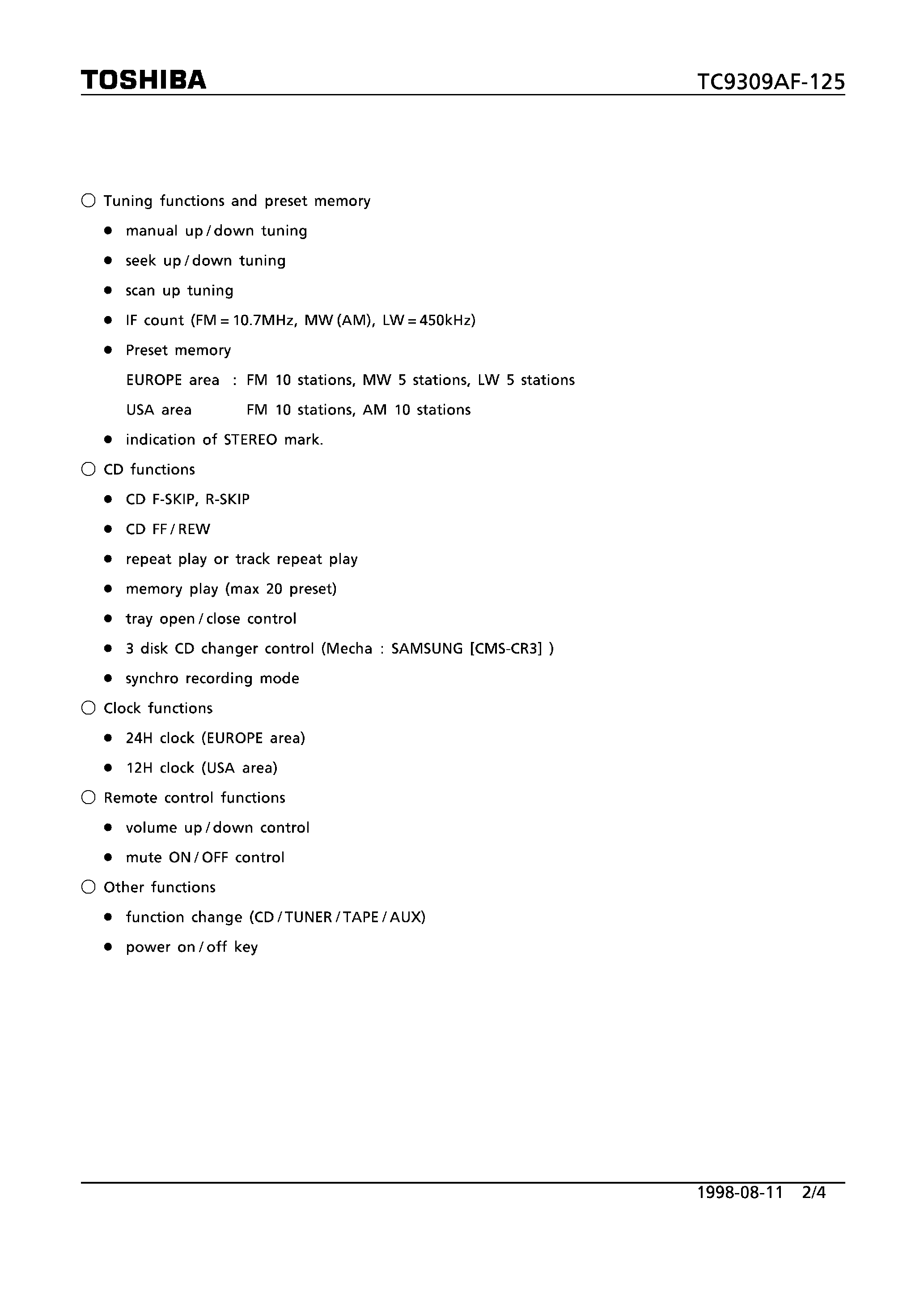 Datasheet TC9309AF-125 - SINGLE CHIP DIGITAL TUNING SYSTEM FOR 3 DISC CD CHANGER UNIT page 2