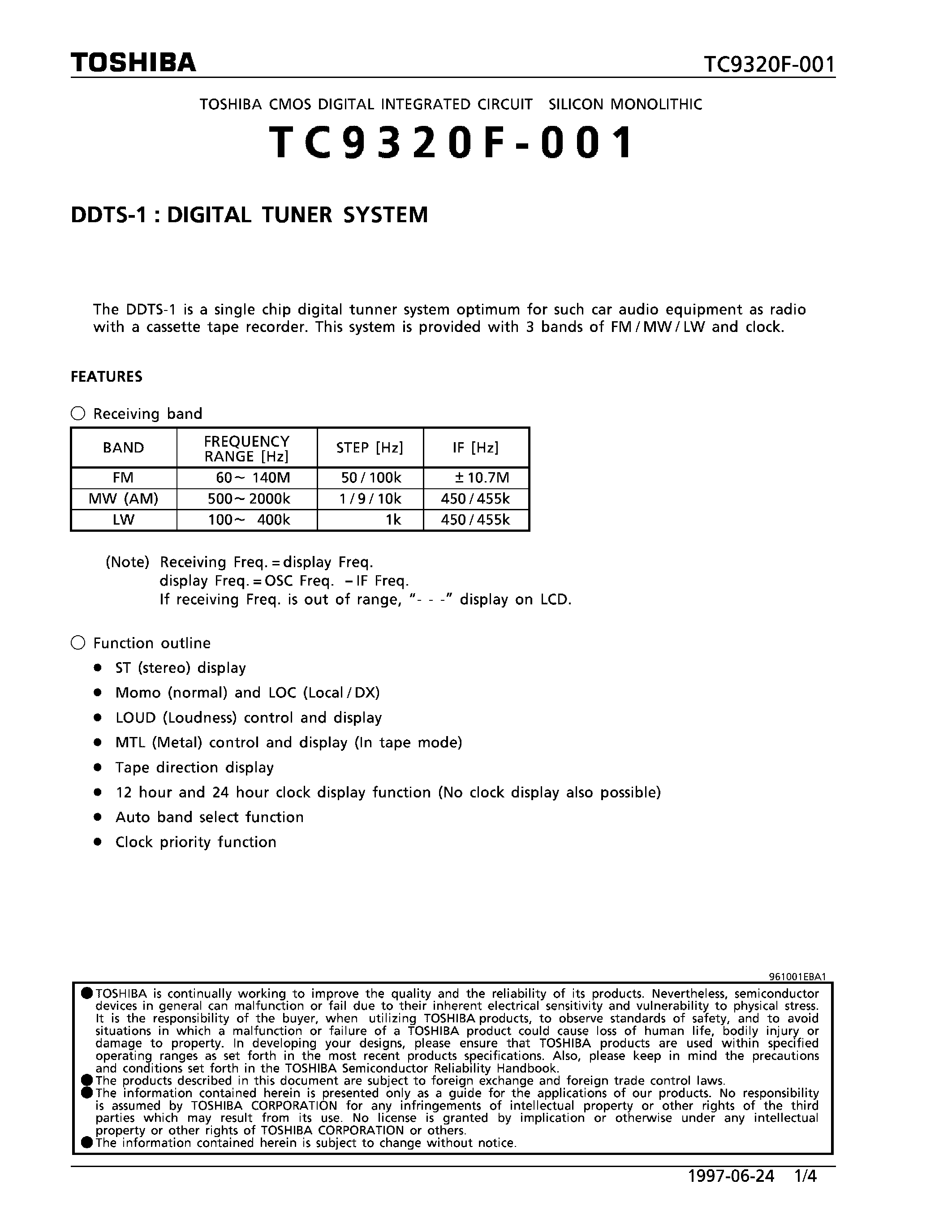 Datasheet TC9320F-001 - DDTS-1:DIGITAL TUNER SYSTEM page 1