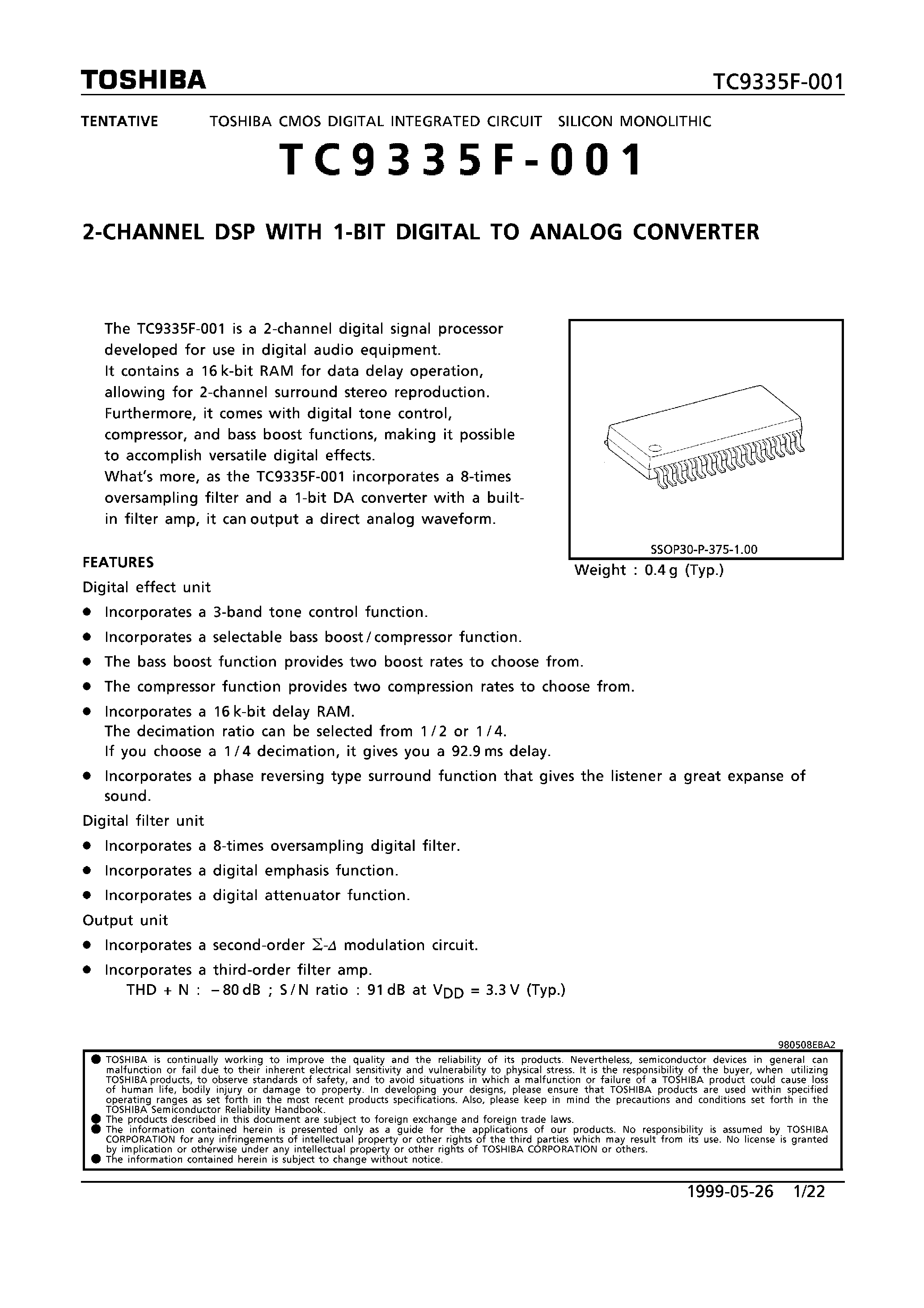 Datasheet TC9335F-001 - 2-CHANNEL DSP WITH 1-BIT DIGITAL TO ANALOG CONVERTER page 1