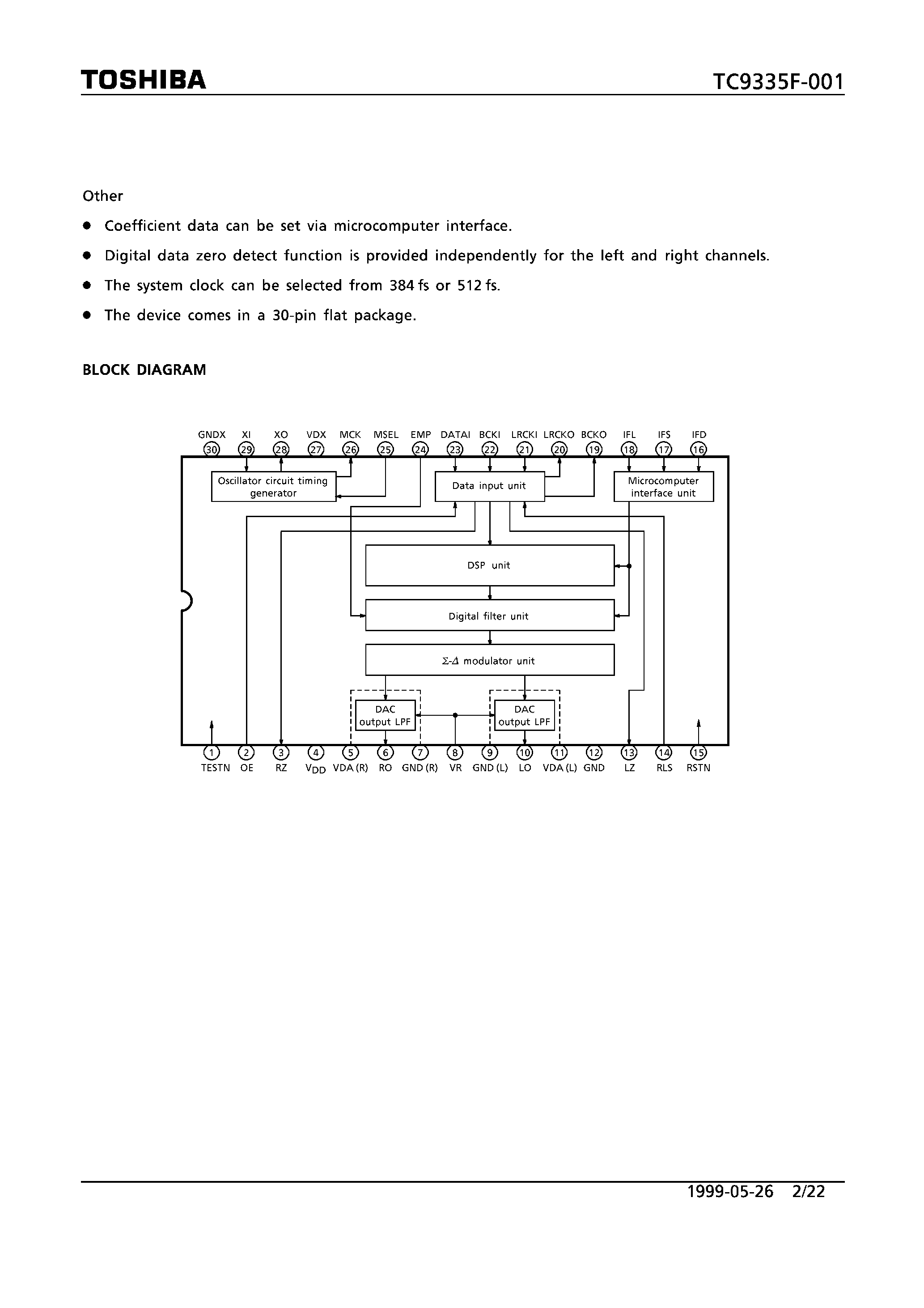 Datasheet TC9335F-001 - 2-CHANNEL DSP WITH 1-BIT DIGITAL TO ANALOG CONVERTER page 2