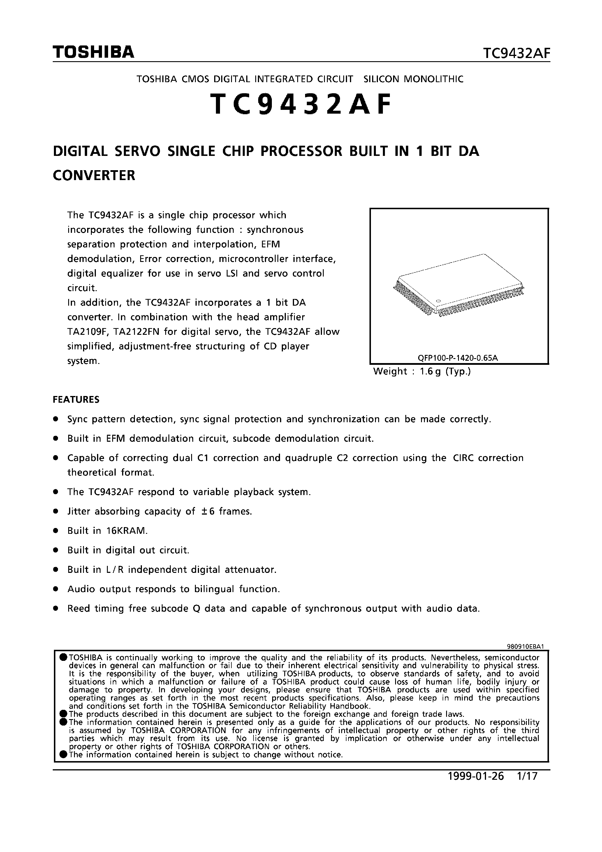 Datasheet TC9432 - DIGITAL SERVO SINGLE CHIP PROCESSOR BUILT IN 1 BIT DA CONVERTER page 1