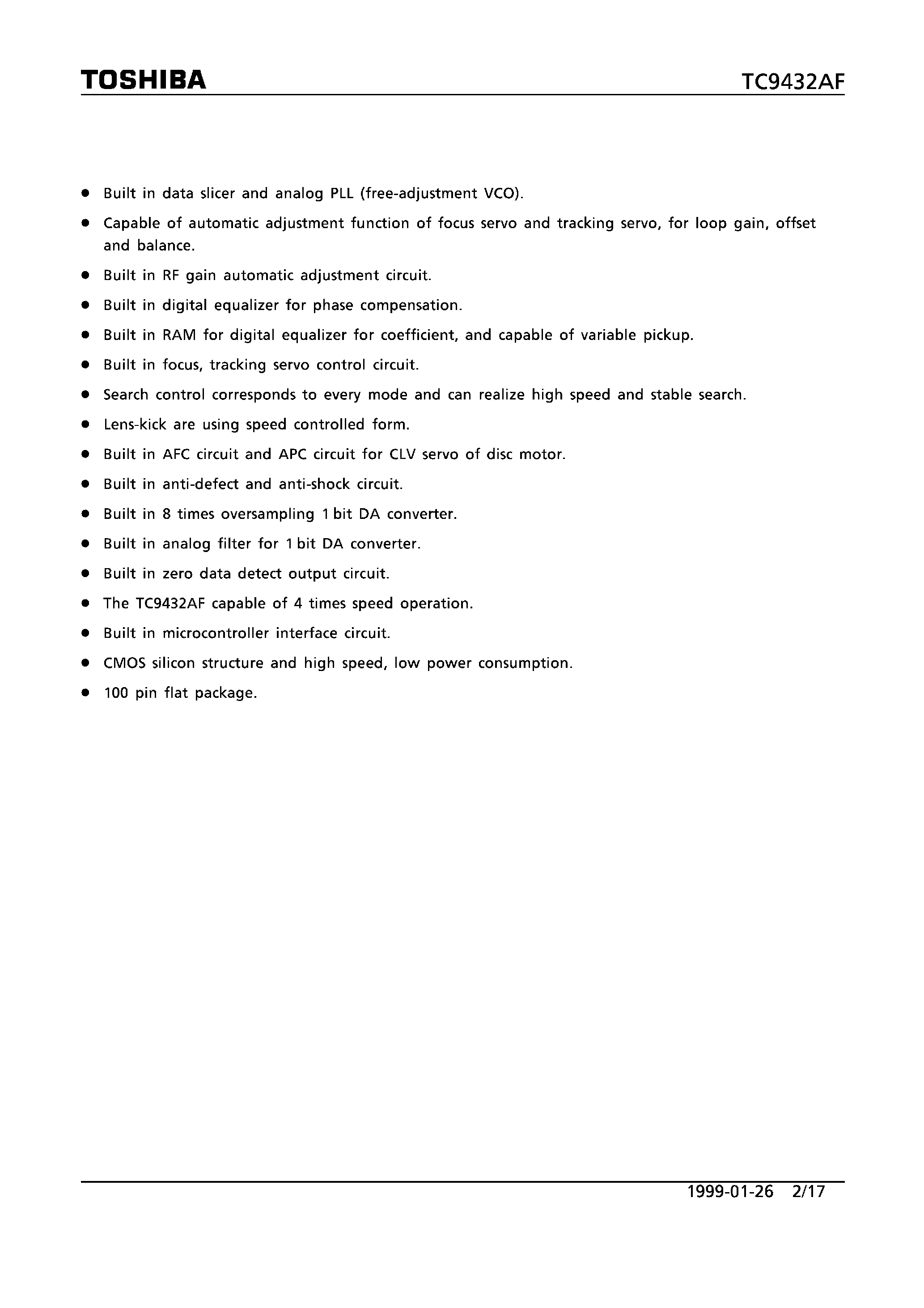 Datasheet TC9432AF - DIGITAL SERVO SINGLE CHIP PROCESSOR BUILT IN 1 BIT DA CONVERTER page 2