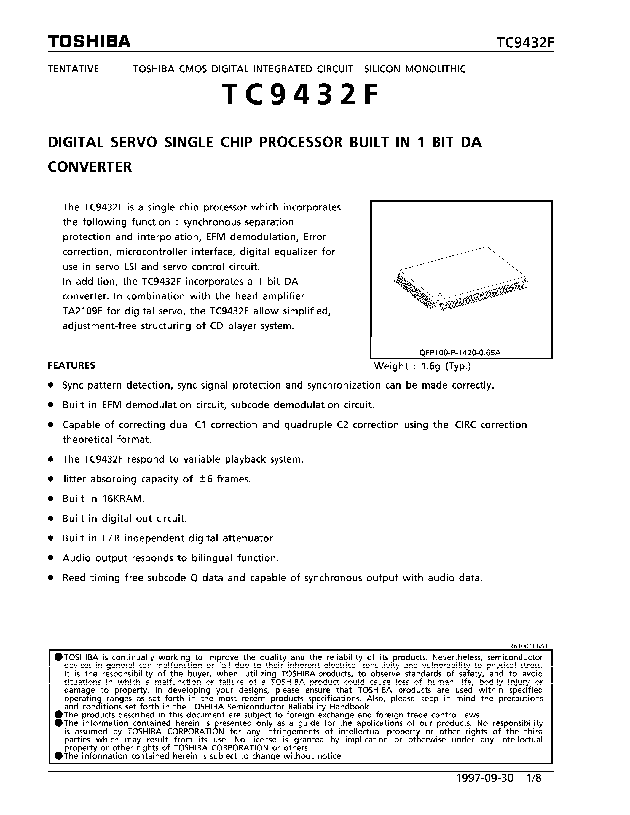Datasheet TC9432F - DIGITAL SERVO SINGLE CHIP PROCESSOR BUILT IN 1 BIT DA CONVERTER page 1