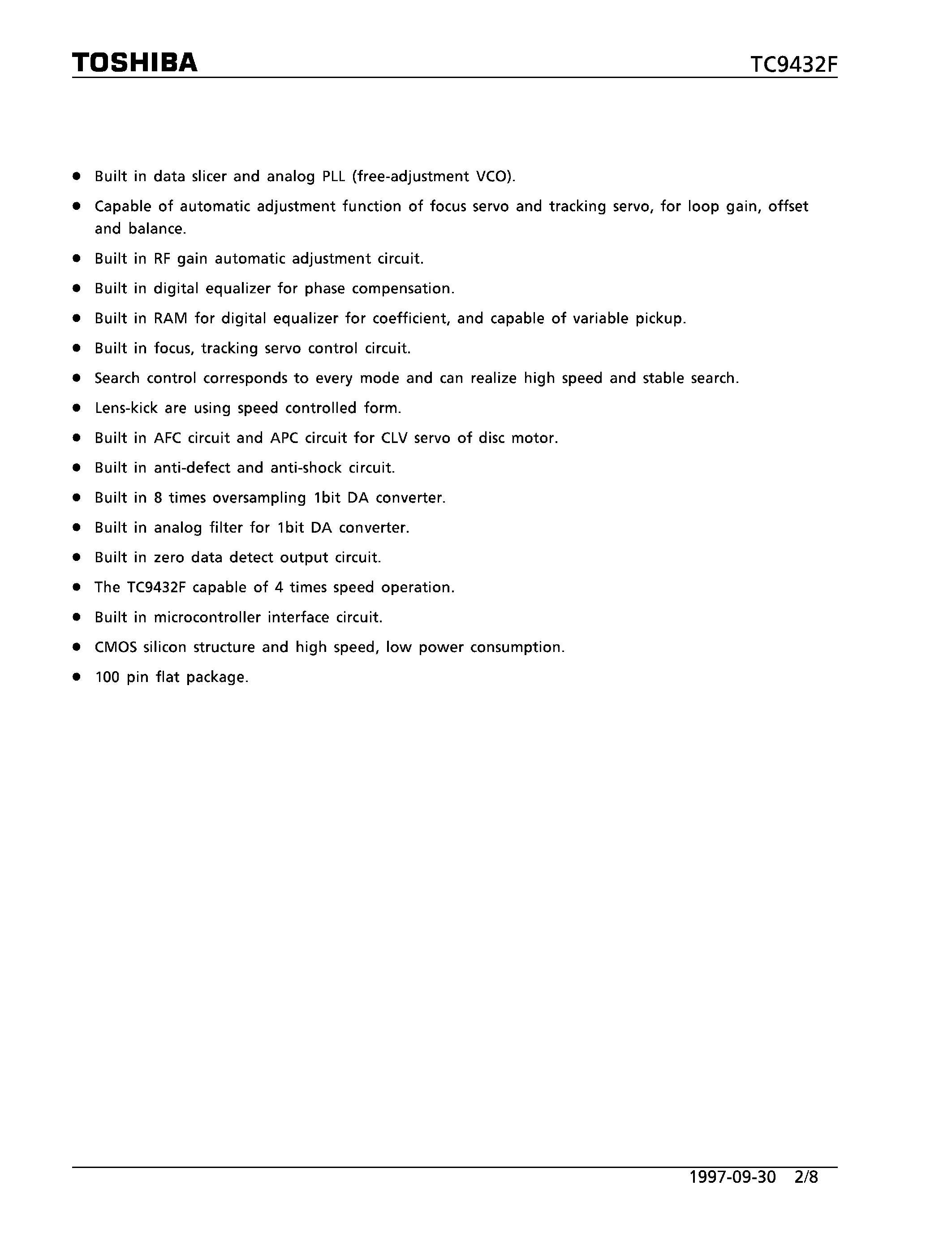 Datasheet TC9432F - DIGITAL SERVO SINGLE CHIP PROCESSOR BUILT IN 1 BIT DA CONVERTER page 2