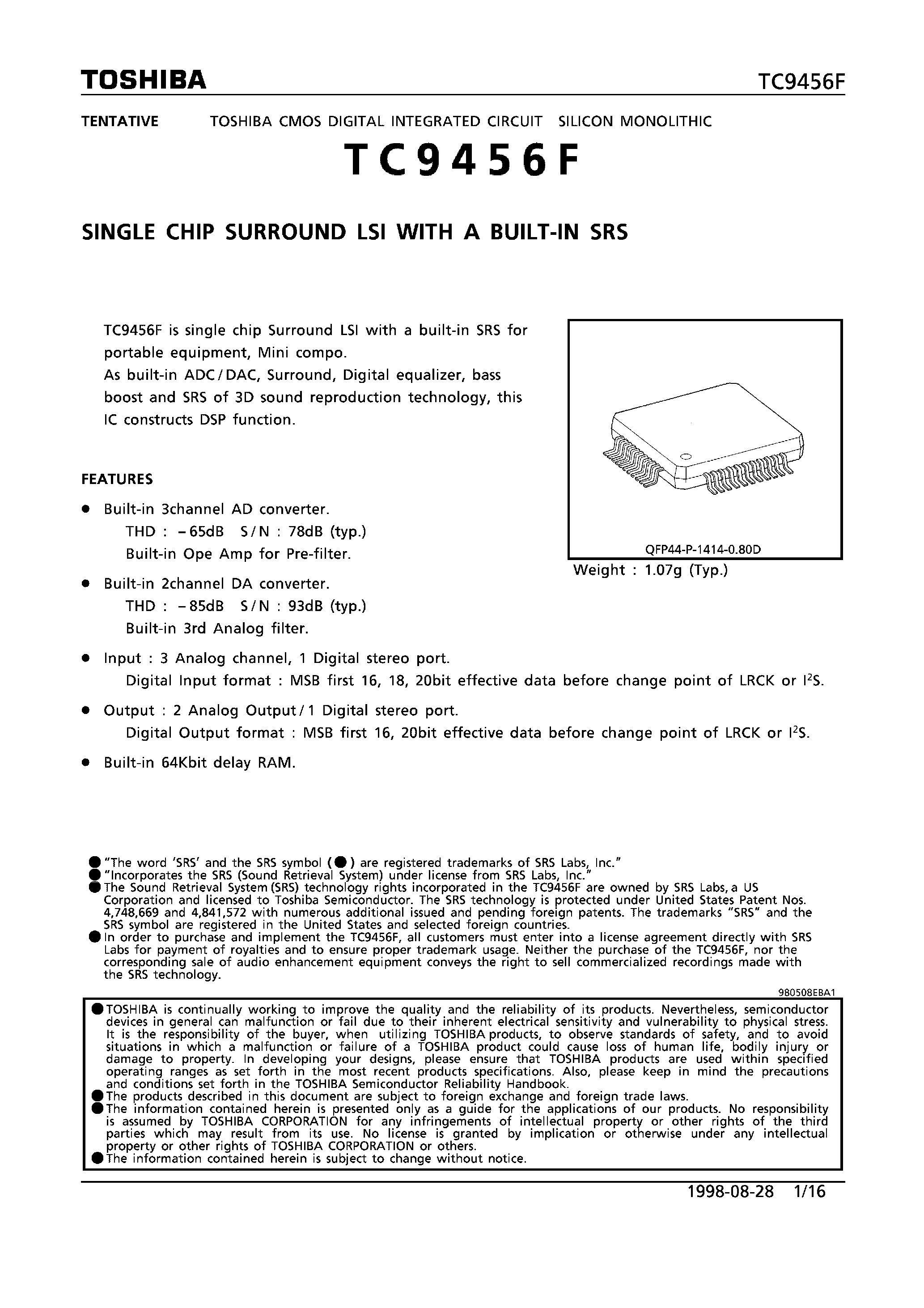 Datasheet TC9456F - SINGLE CHIP SURROUND LSI WITH A BUILT-IN SRS page 1