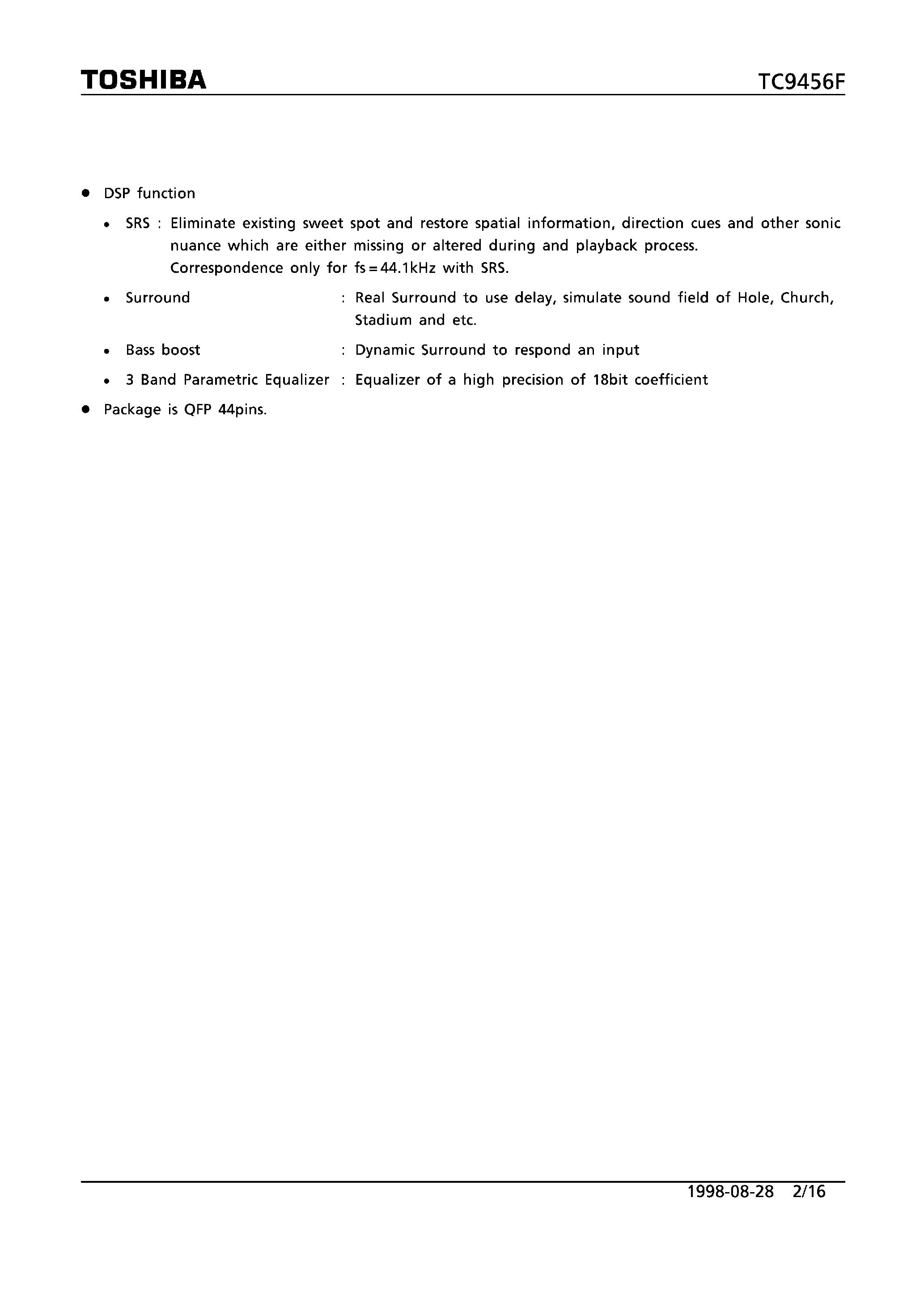 Datasheet TC9456F - SINGLE CHIP SURROUND LSI WITH A BUILT-IN SRS page 2