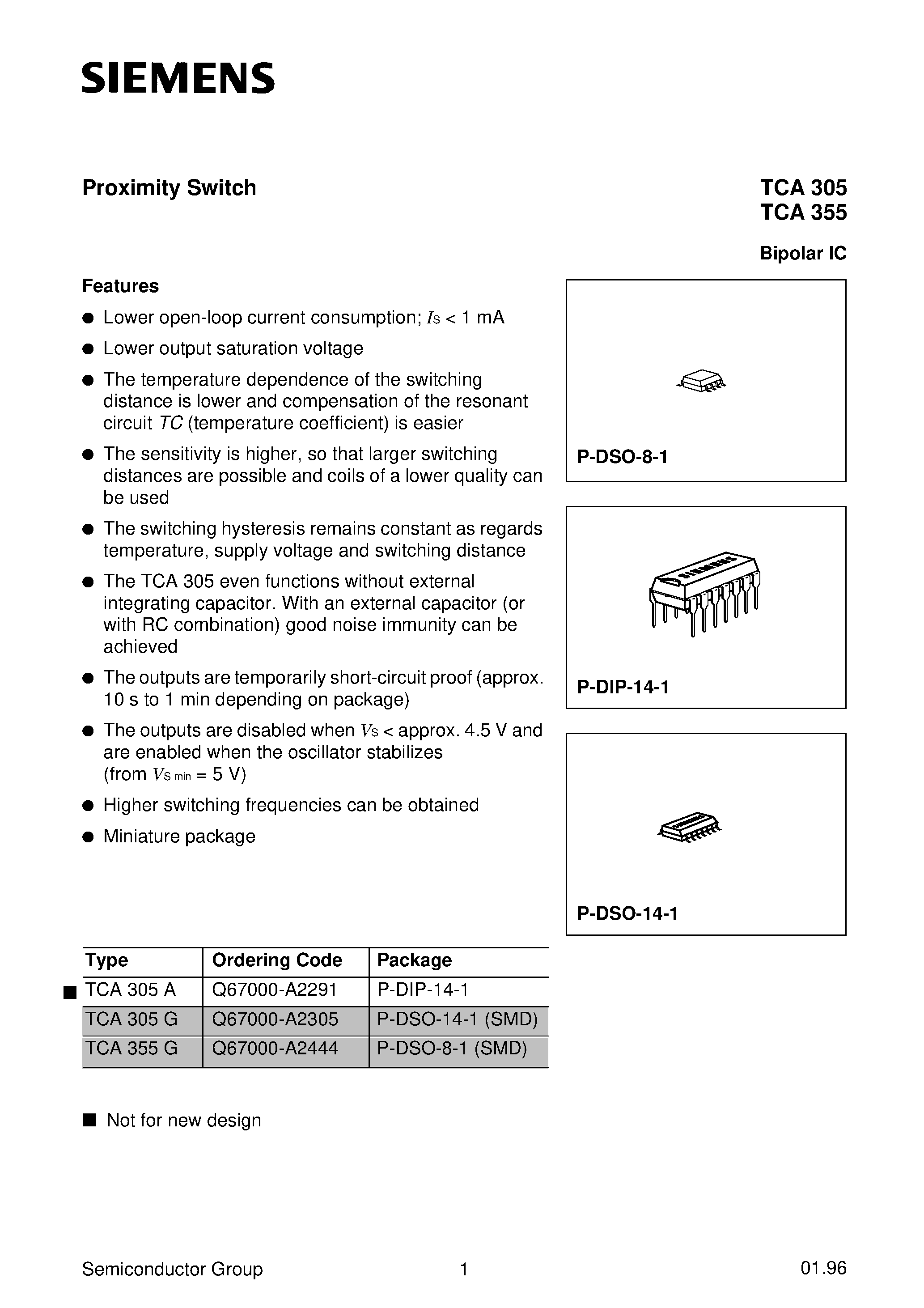 Datasheet TCA305G page 1 Datasheet TCA305G - Proximity Switch page 1