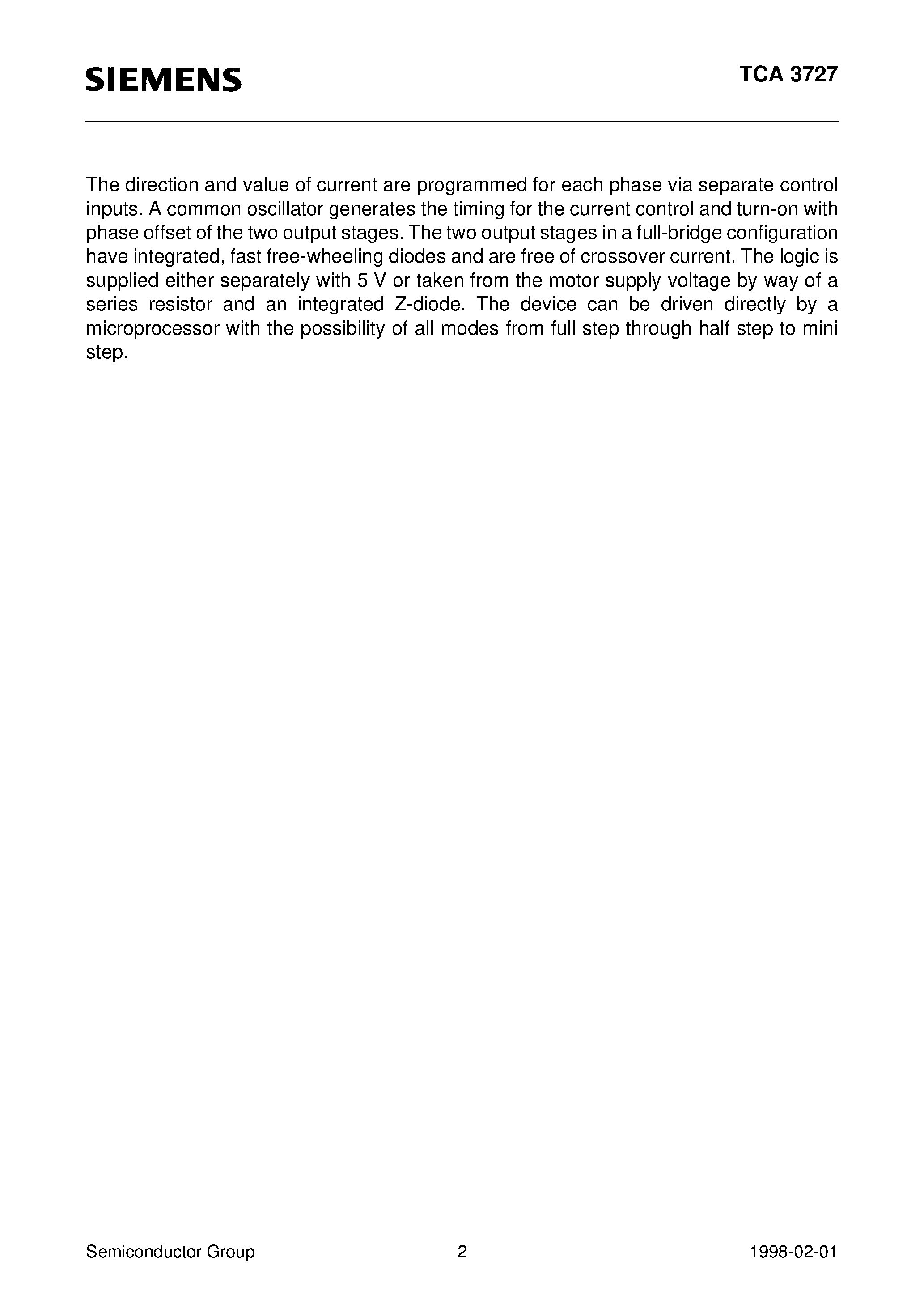 Даташит на микросхему TCA3727 страница 2 Даташит TCA3727 - 2-Phase Stepper-Motor Driver страница 2