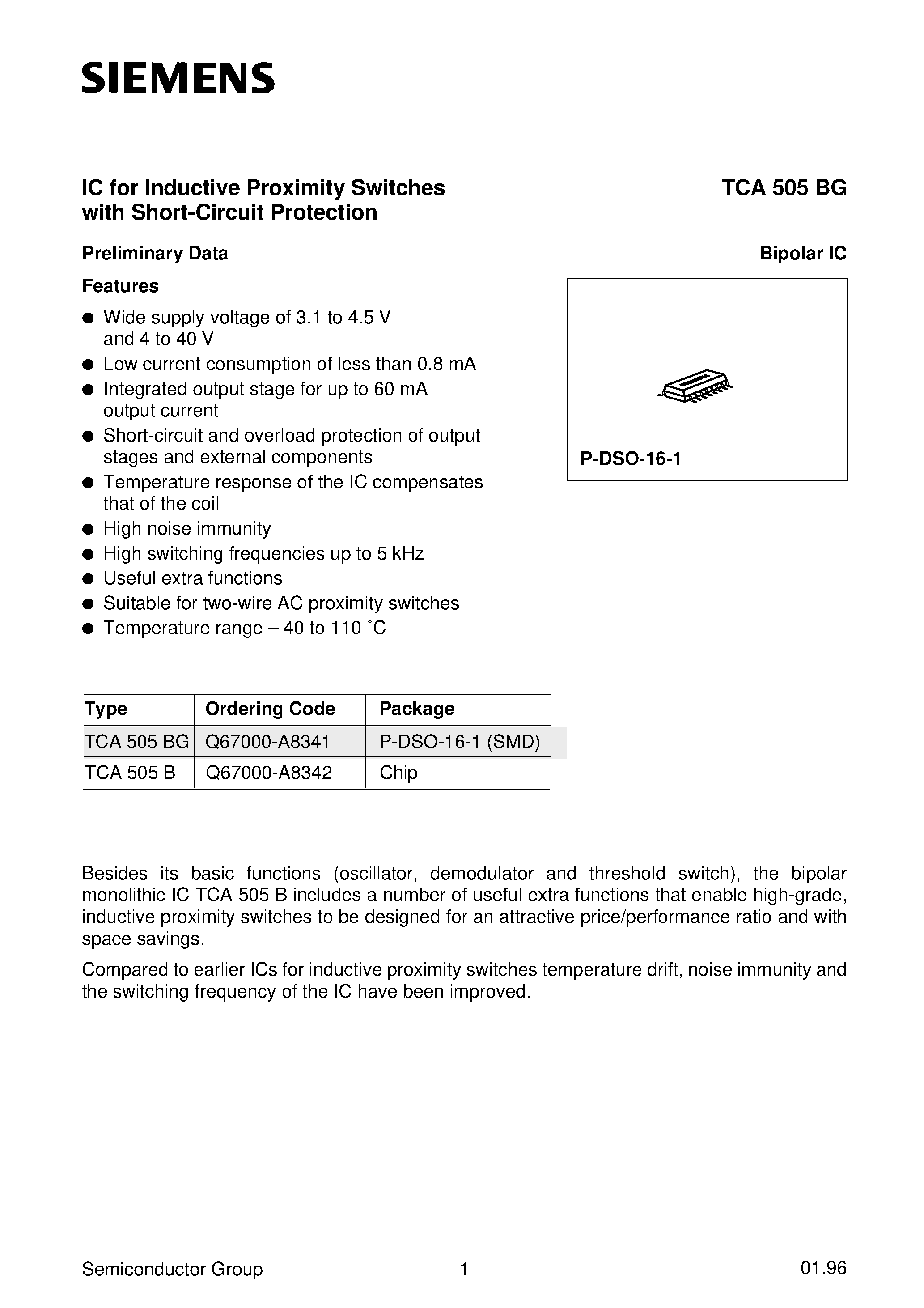 Даташит на микросхему TCA505B страница 1 Даташит TCA505B - IC for Inductive Proximity Switches with Short-Circuit Protection страница 1