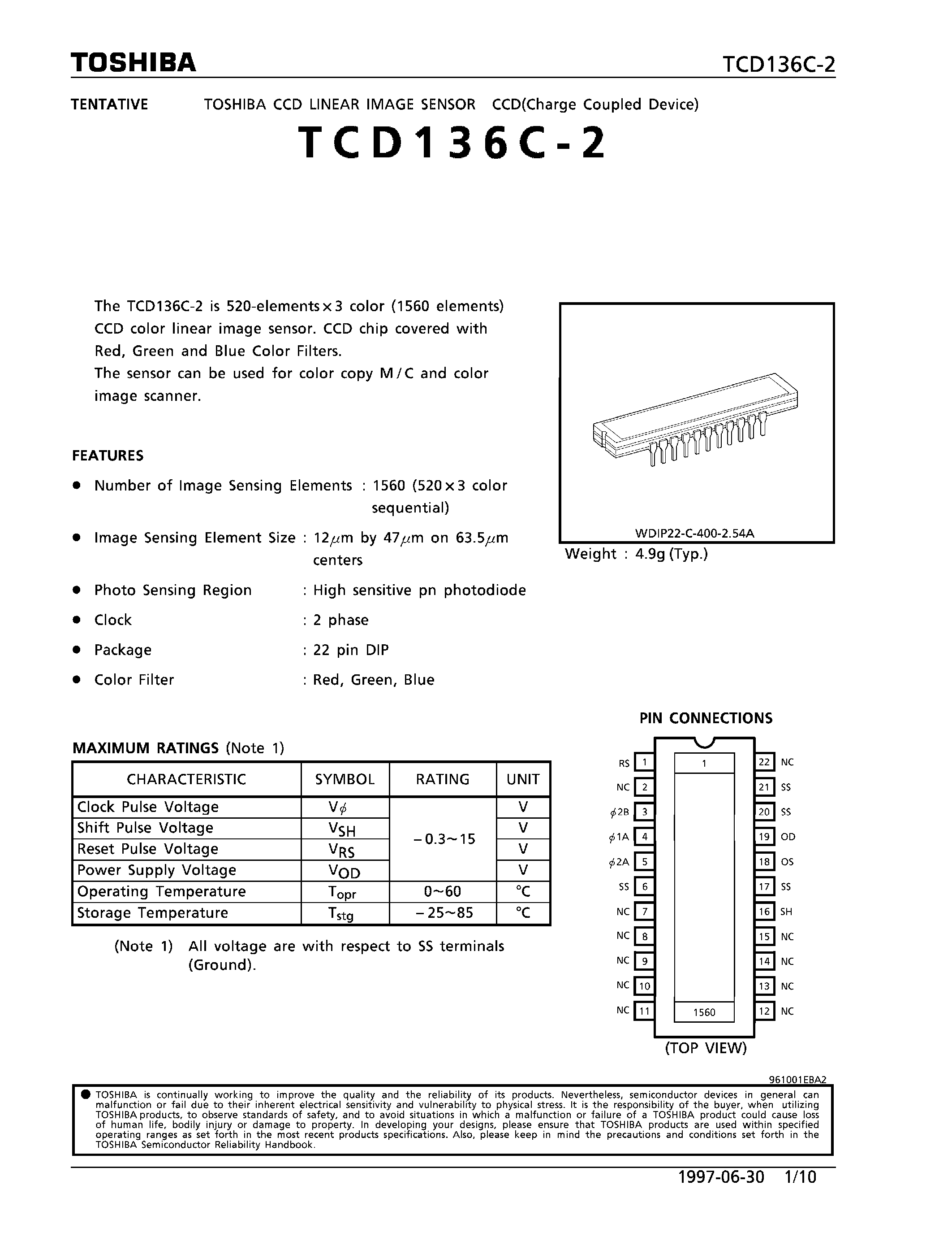 Datasheet TCD136C-2 - CCD LINEAR IMAGE SENSOR page 1