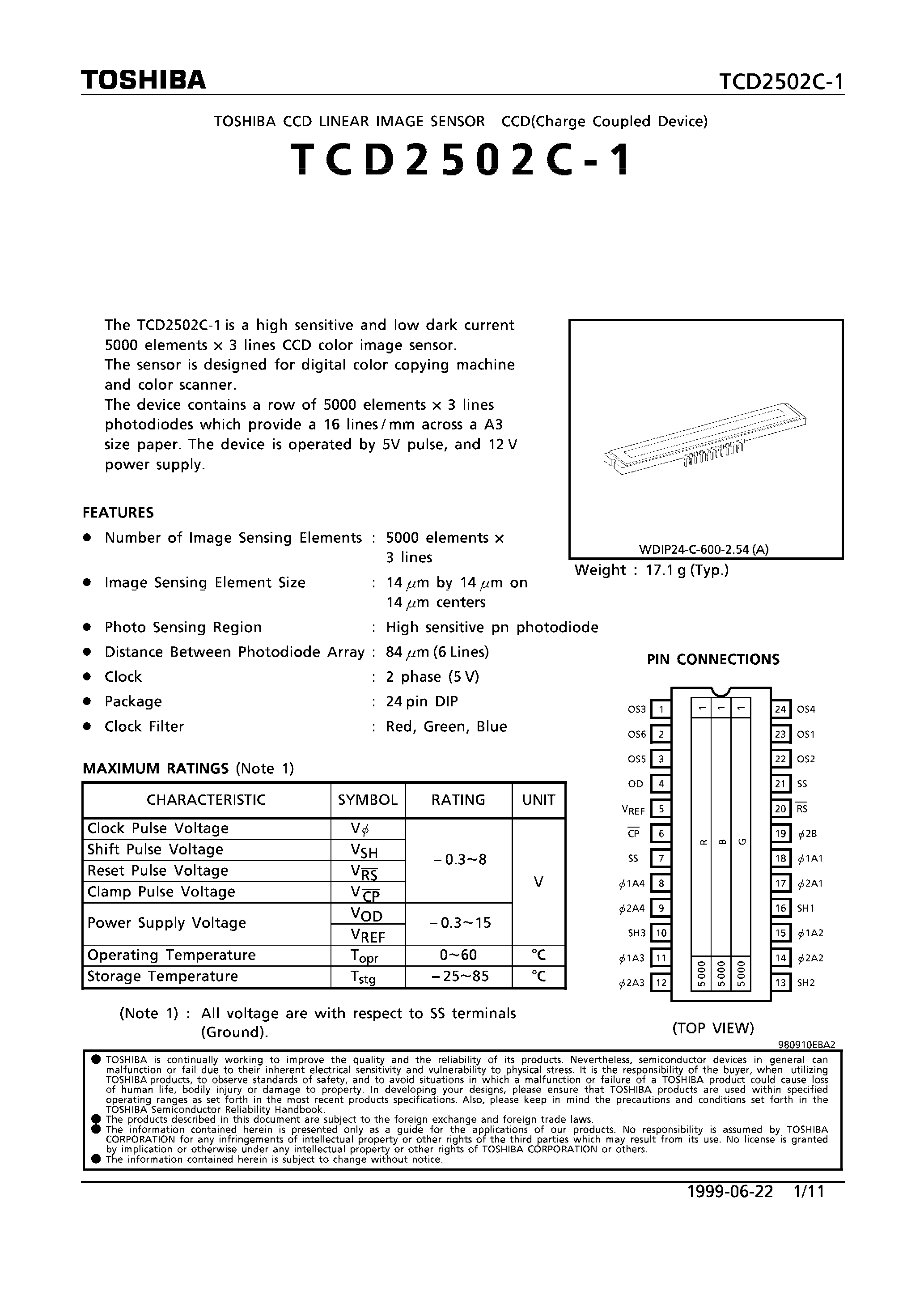 Datasheet TCD2502C-1 - CCD LINEAR IMAGE SENSOR page 1