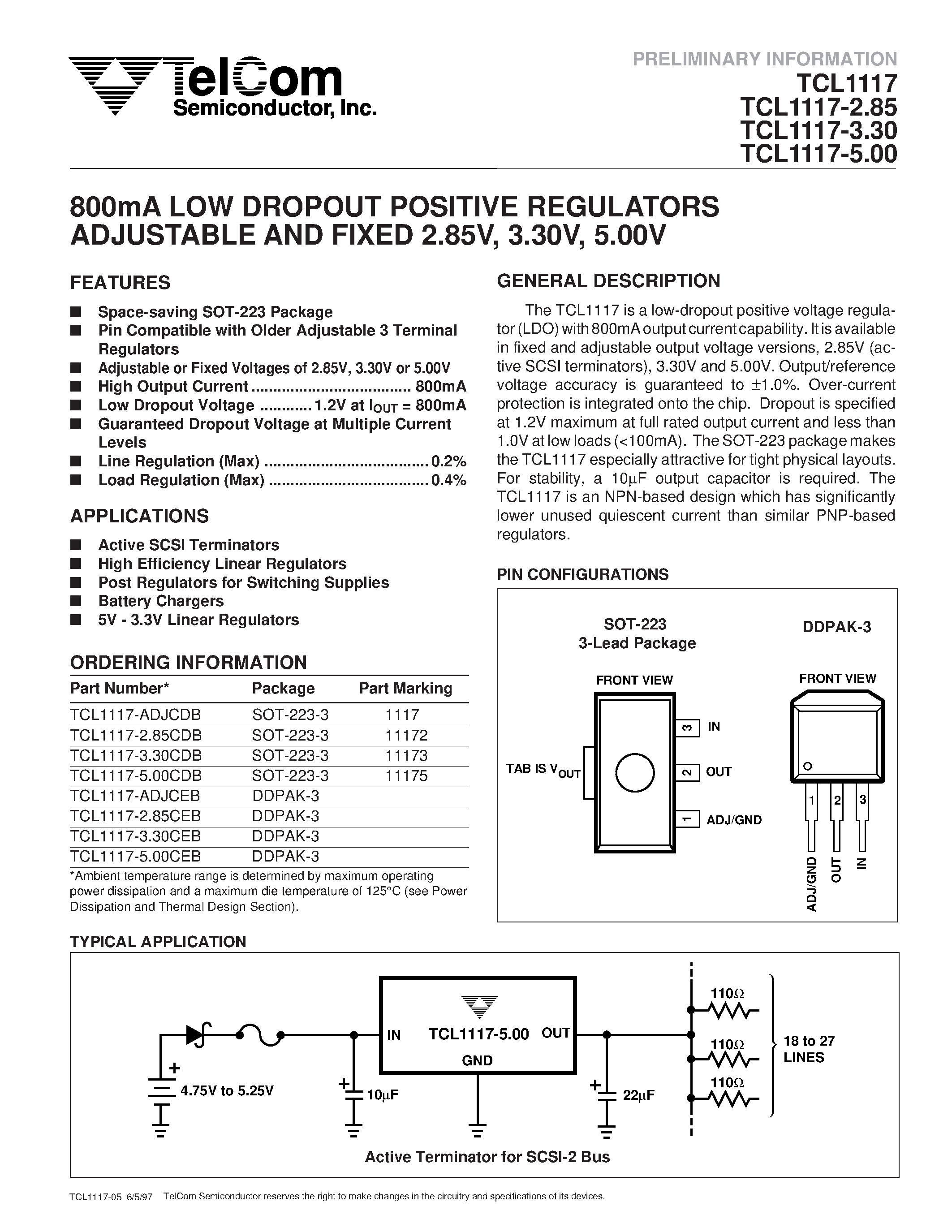 Datasheet TCL1117-ADJCEB - 800mA LOW DROPOUT POSITIVE REGULATORS ADJUSTABLE AND FIXED 2.85V/ 3.30V/ 5.00V page 1