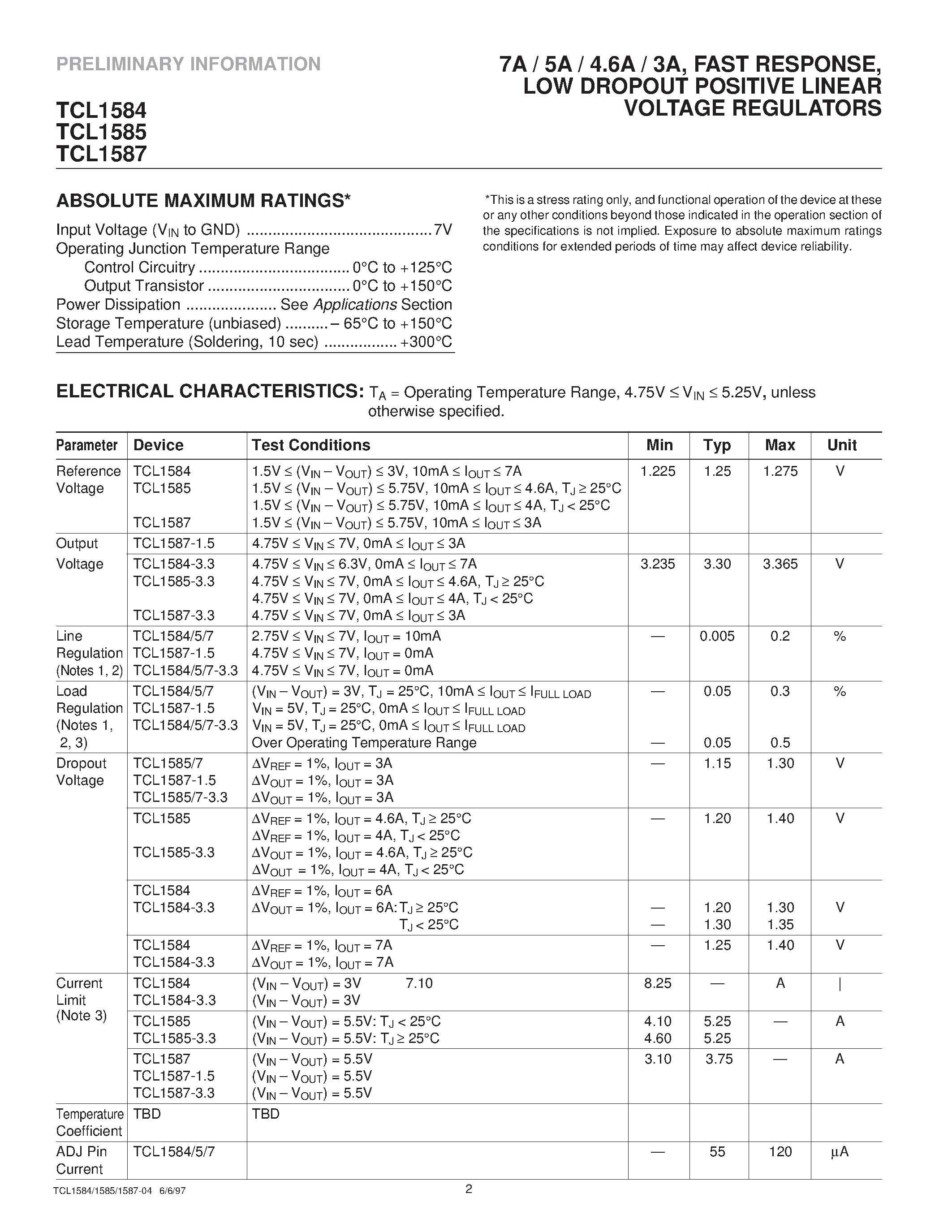 Datasheet TCL1585 - 7A / 5A / 4.6A / 3A/ FAST RESPONSE/ LOW DROPOUT POSITIVE LINEAR VOLTAGE REGULATORS page 2