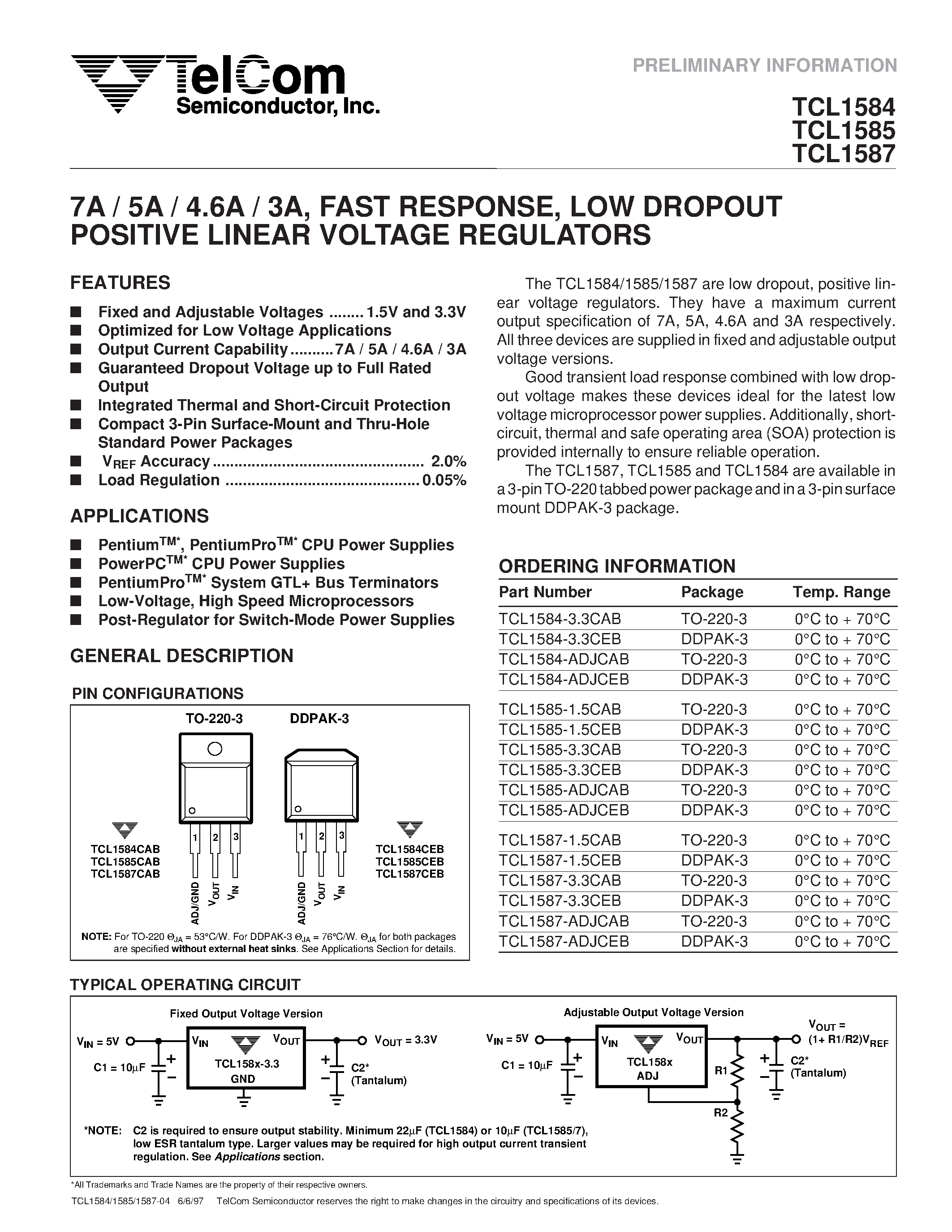 Datasheet TCL1587 - 7A / 5A / 4.6A / 3A/ FAST RESPONSE/ LOW DROPOUT POSITIVE LINEAR VOLTAGE REGULATORS page 1