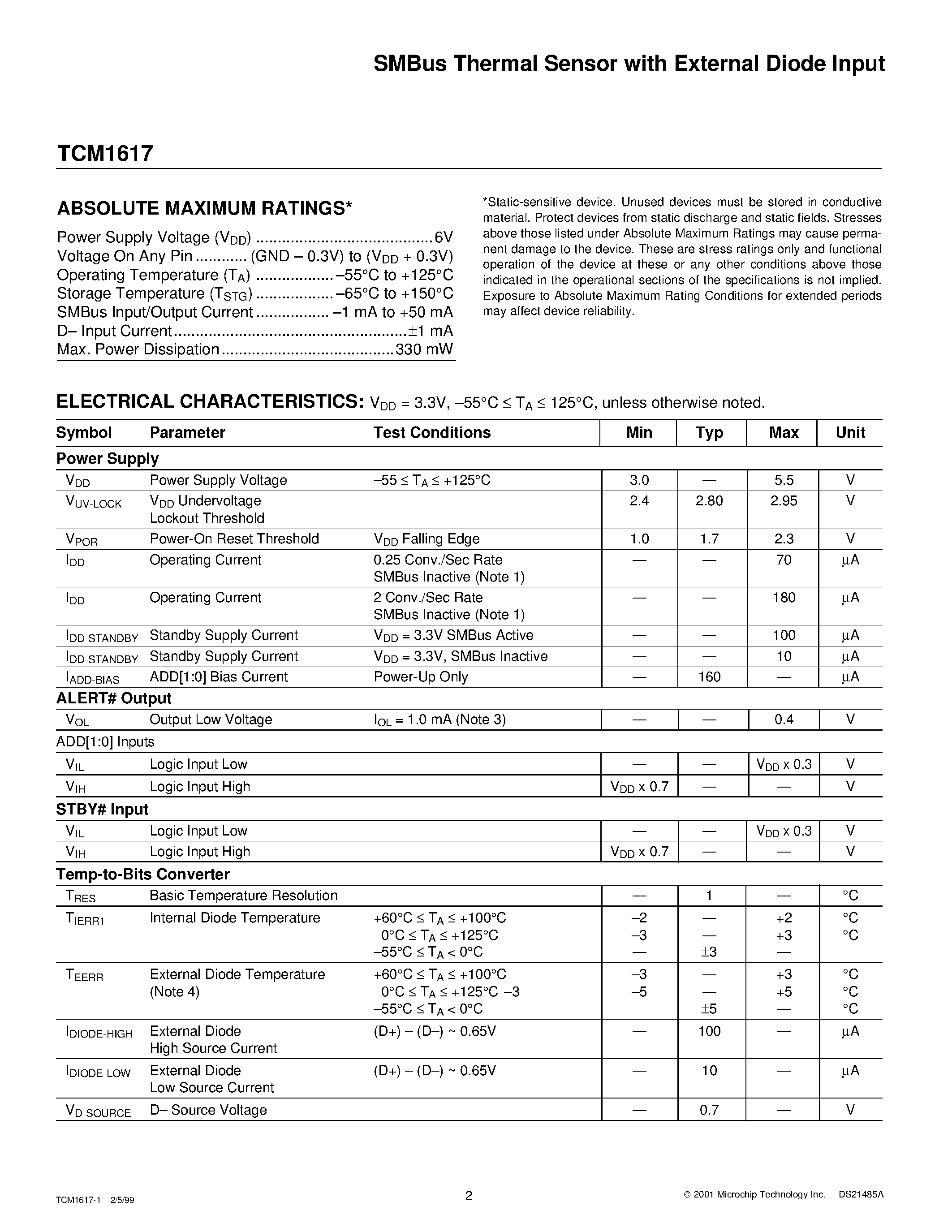 Datasheet TCM1617 page 2 Datasheet TCM1617 - SMBus Thermal Sensor with External Diode Input page 2