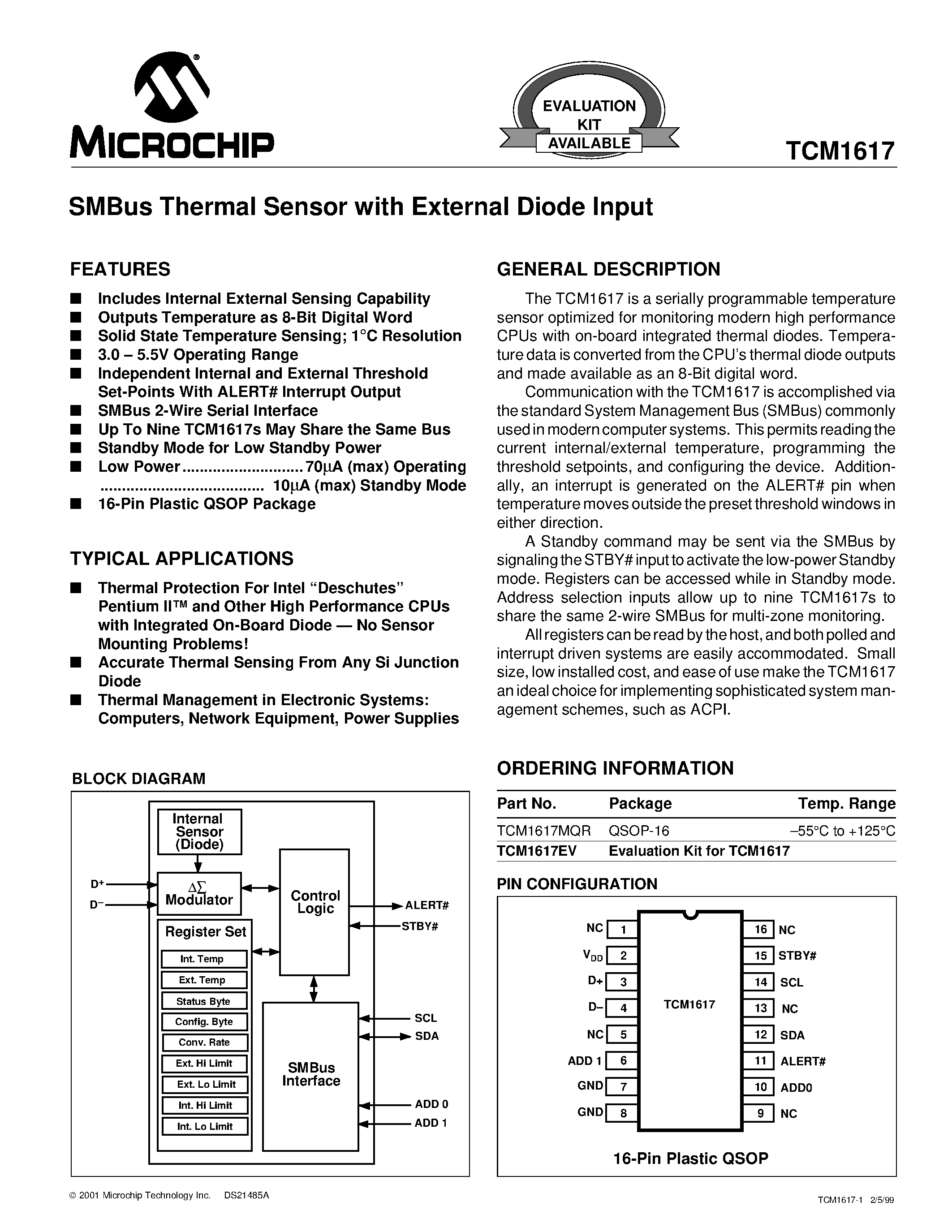 Datasheet TCM1617EV page 1 Datasheet TCM1617EV - SMBus Thermal Sensor with External Diode Input page 1