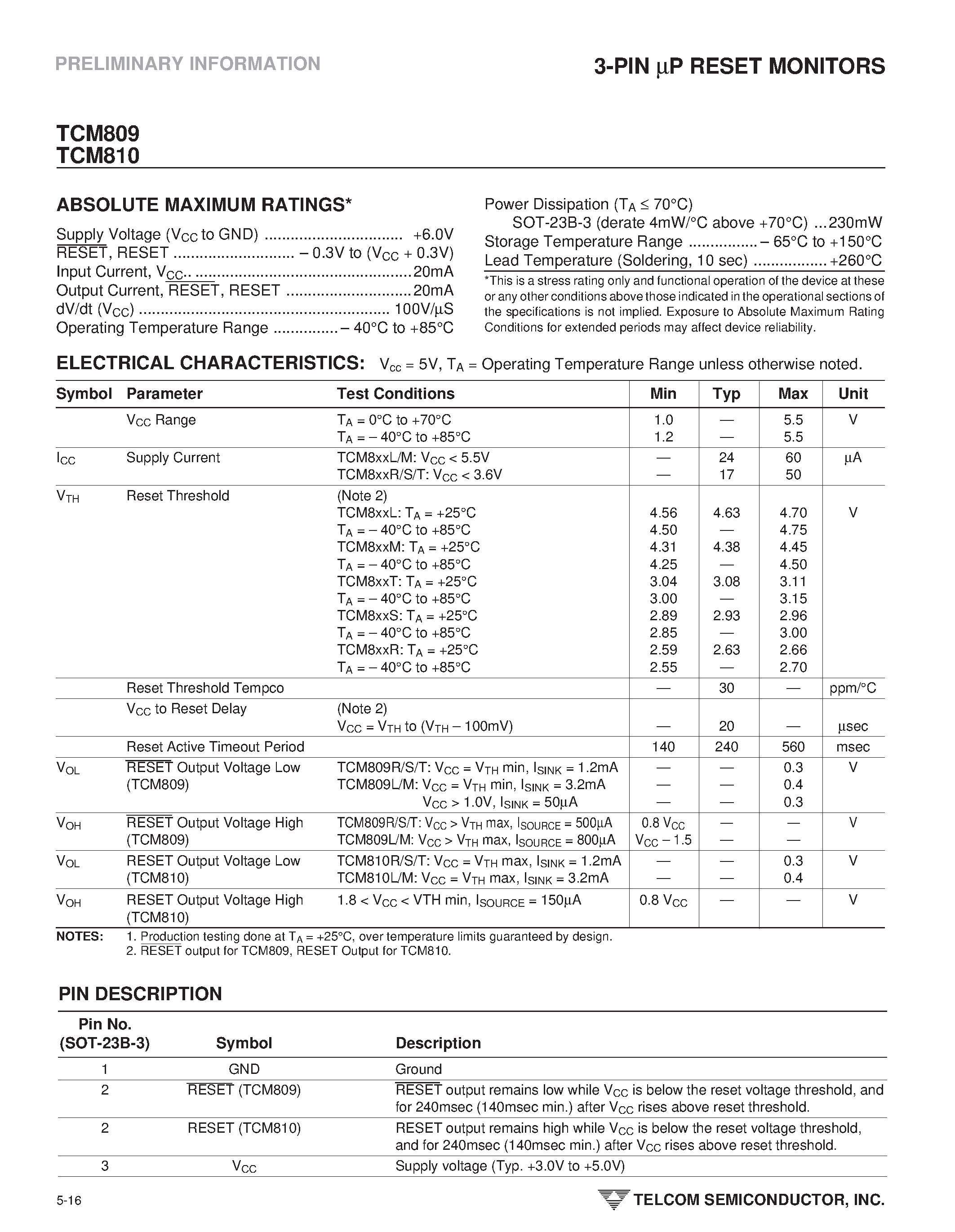 Datasheet TCM809SENB - 3-PIN UP RESET MONITORS page 2