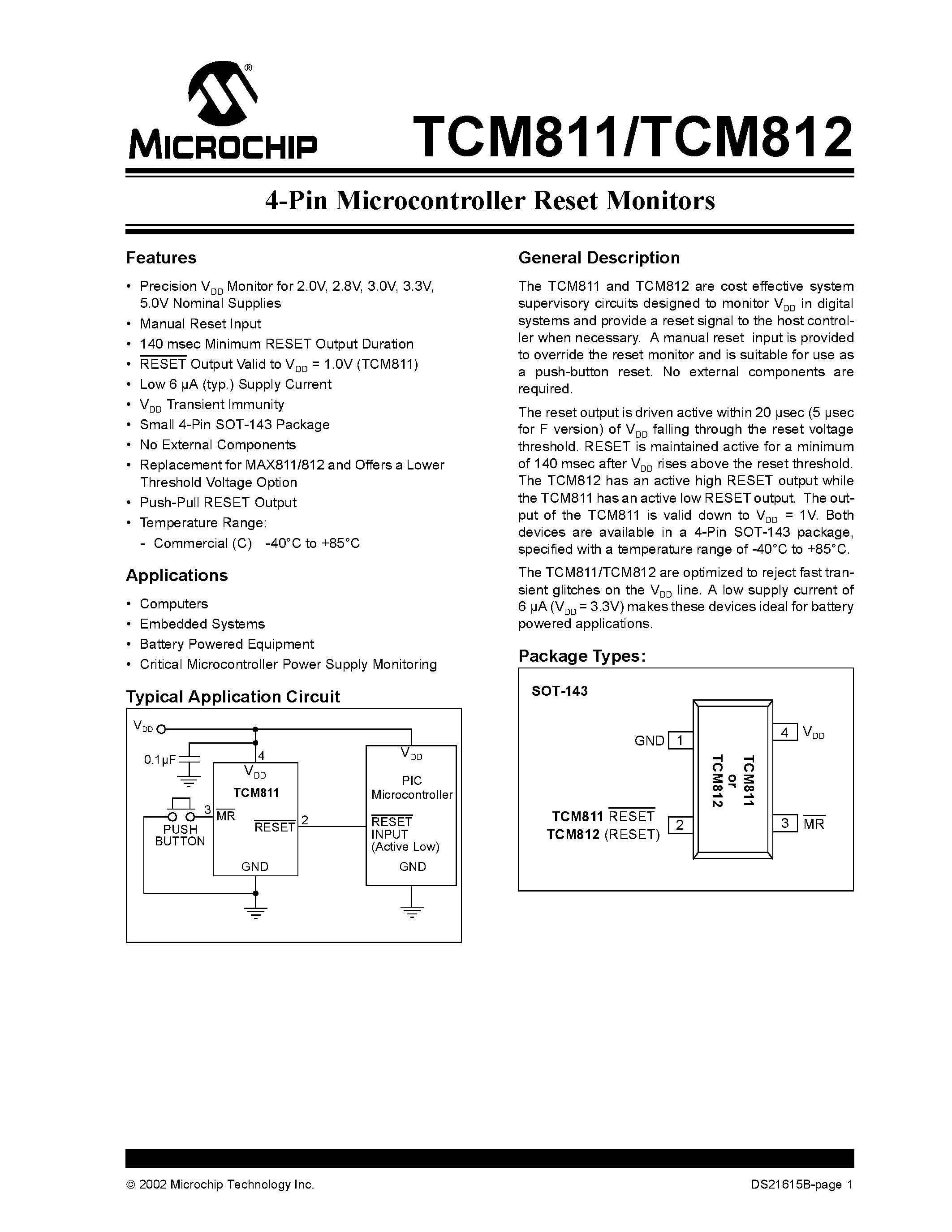 Datasheet TCM812 - 4-Pin Microcontroller Reset Monitors page 1