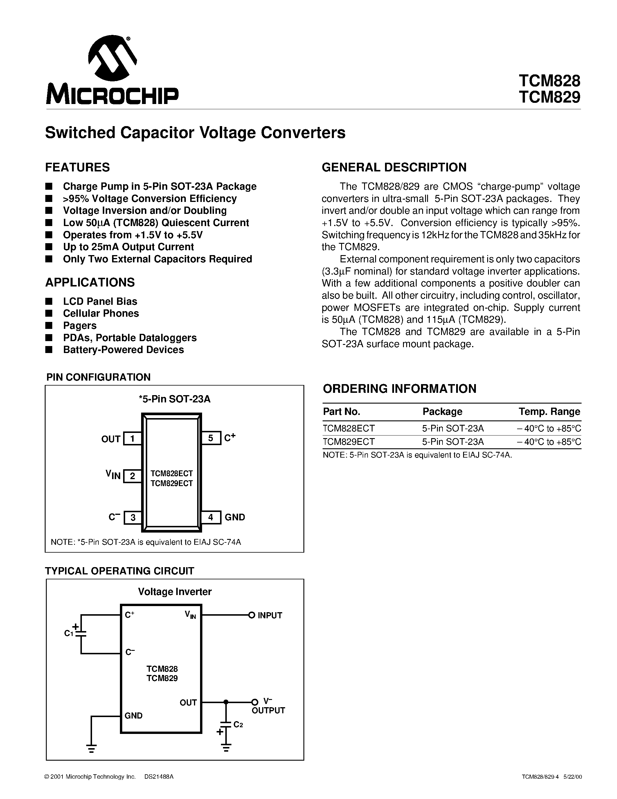 Datasheet TCM828 - Switched Capacitor Voltage Converters page 1