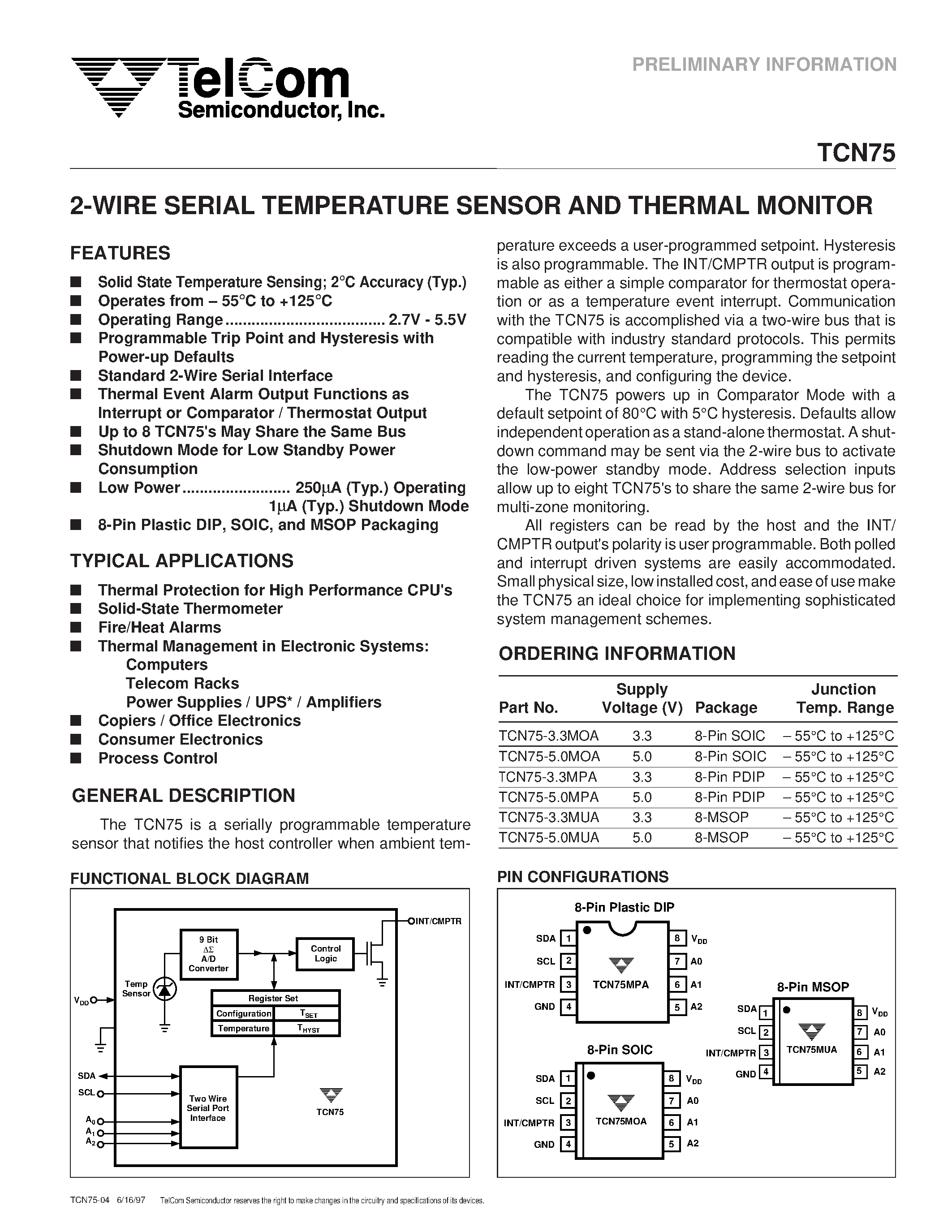 Datasheet TCN75 - 2-WIRE SERIAL TEMPERATURE SENSOR AND THERMAL MONITOR page 1